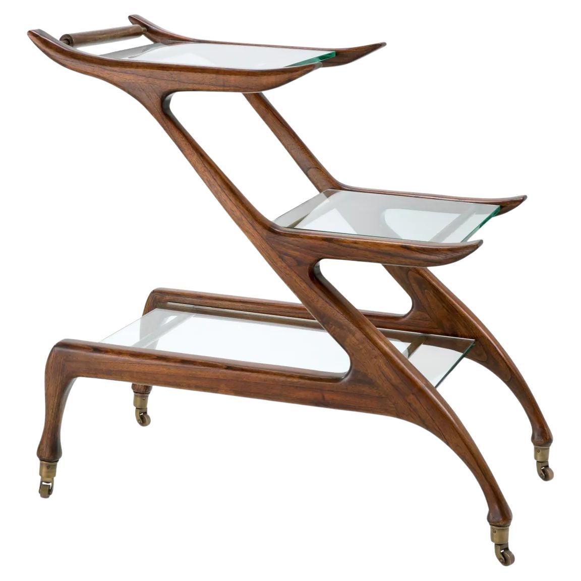 Serving Trolley In Classic Brown Wood And Clear Glass For Sale