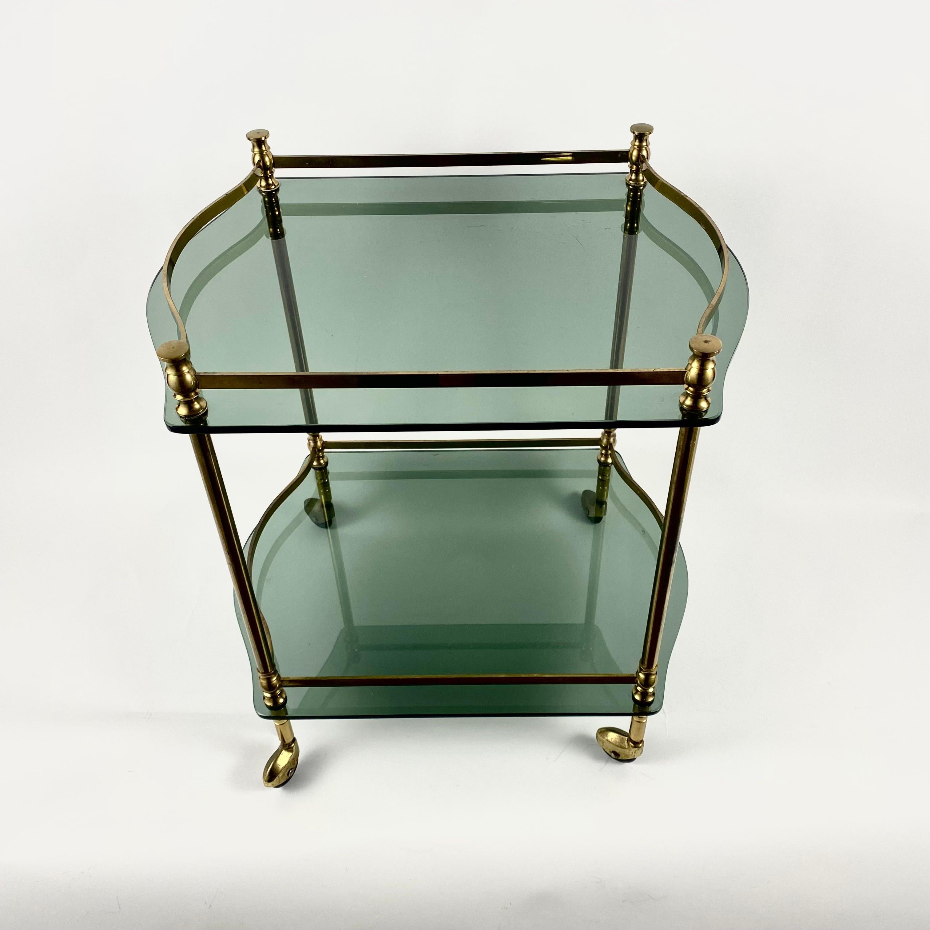French Serving Trolley in Gilt Brass On Wheels Vintage France, 1950s For Sale