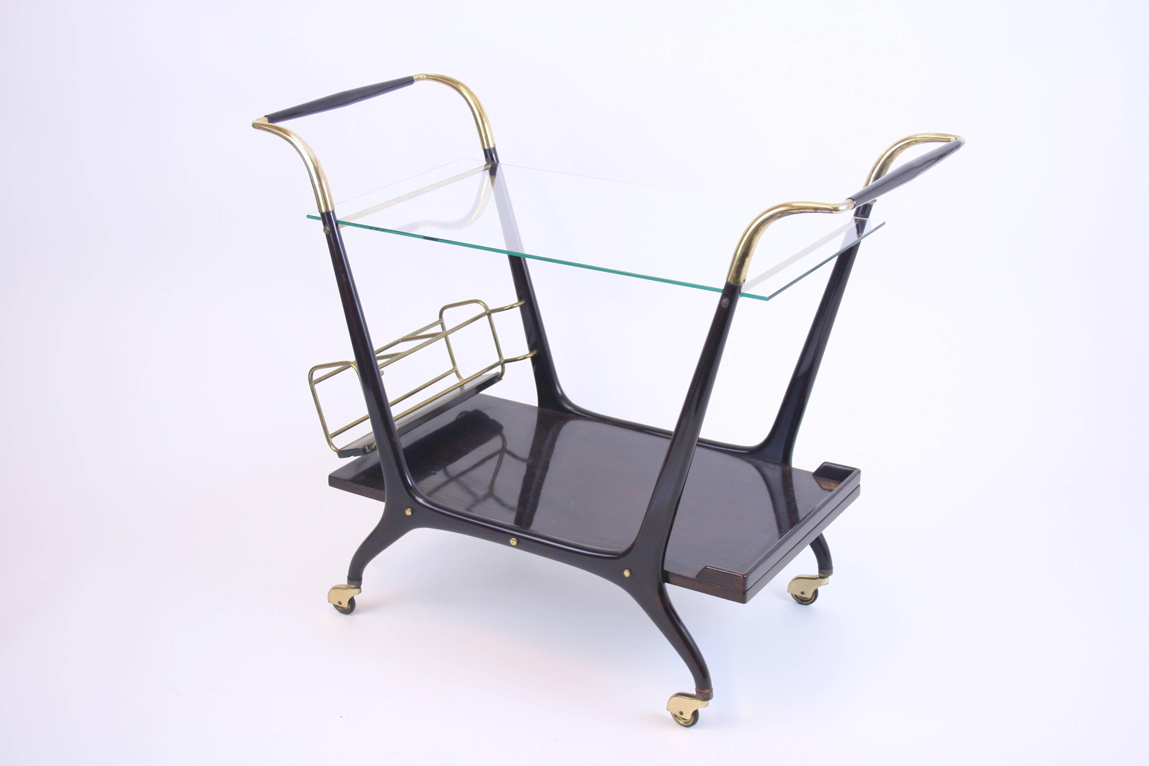 Mid-20th Century Serving Trolley in the Style of Cesare Lacca Italy 1950s glass lacquered wood