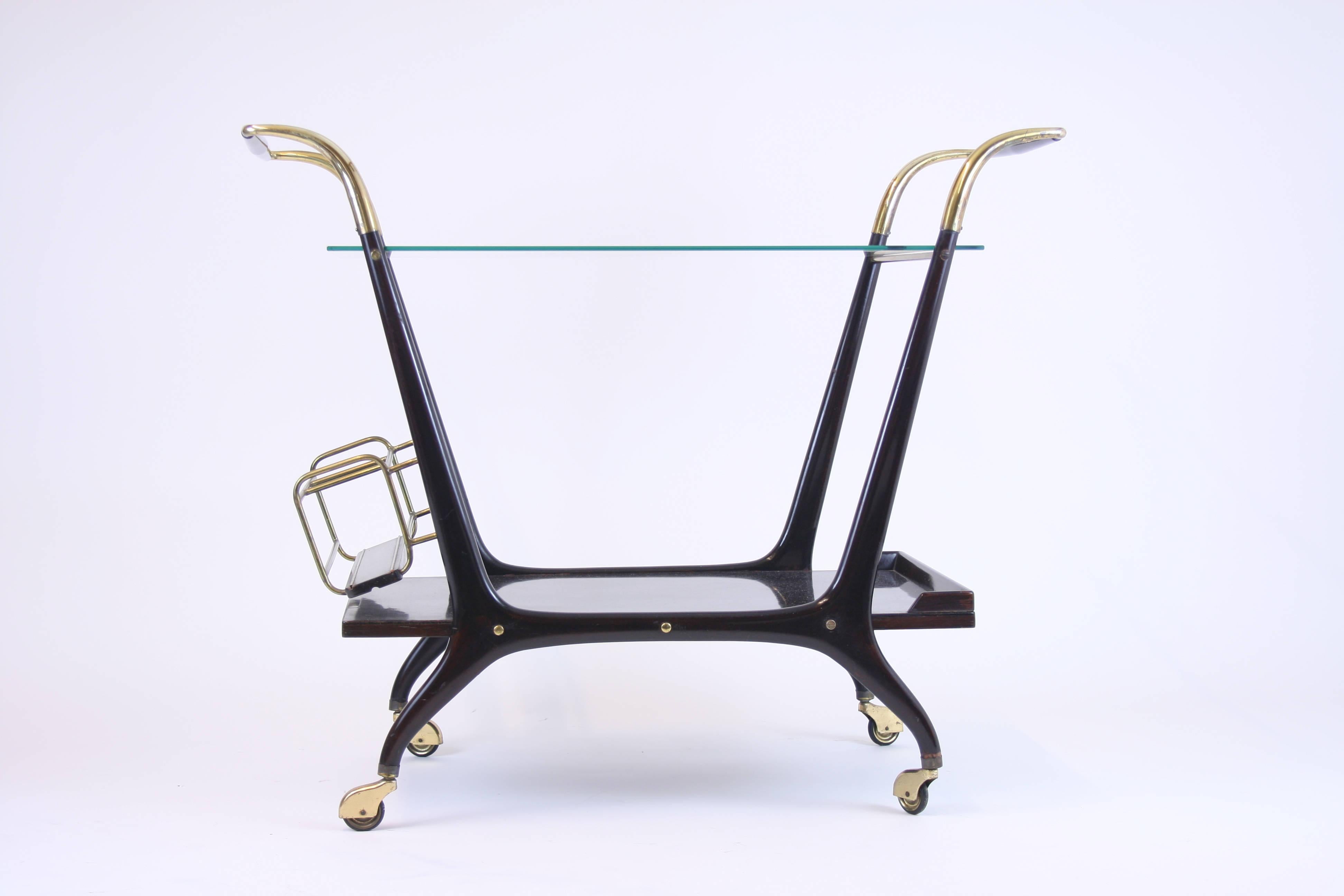 Brass Serving Trolley in the Style of Cesare Lacca Italy 1950s glass lacquered wood