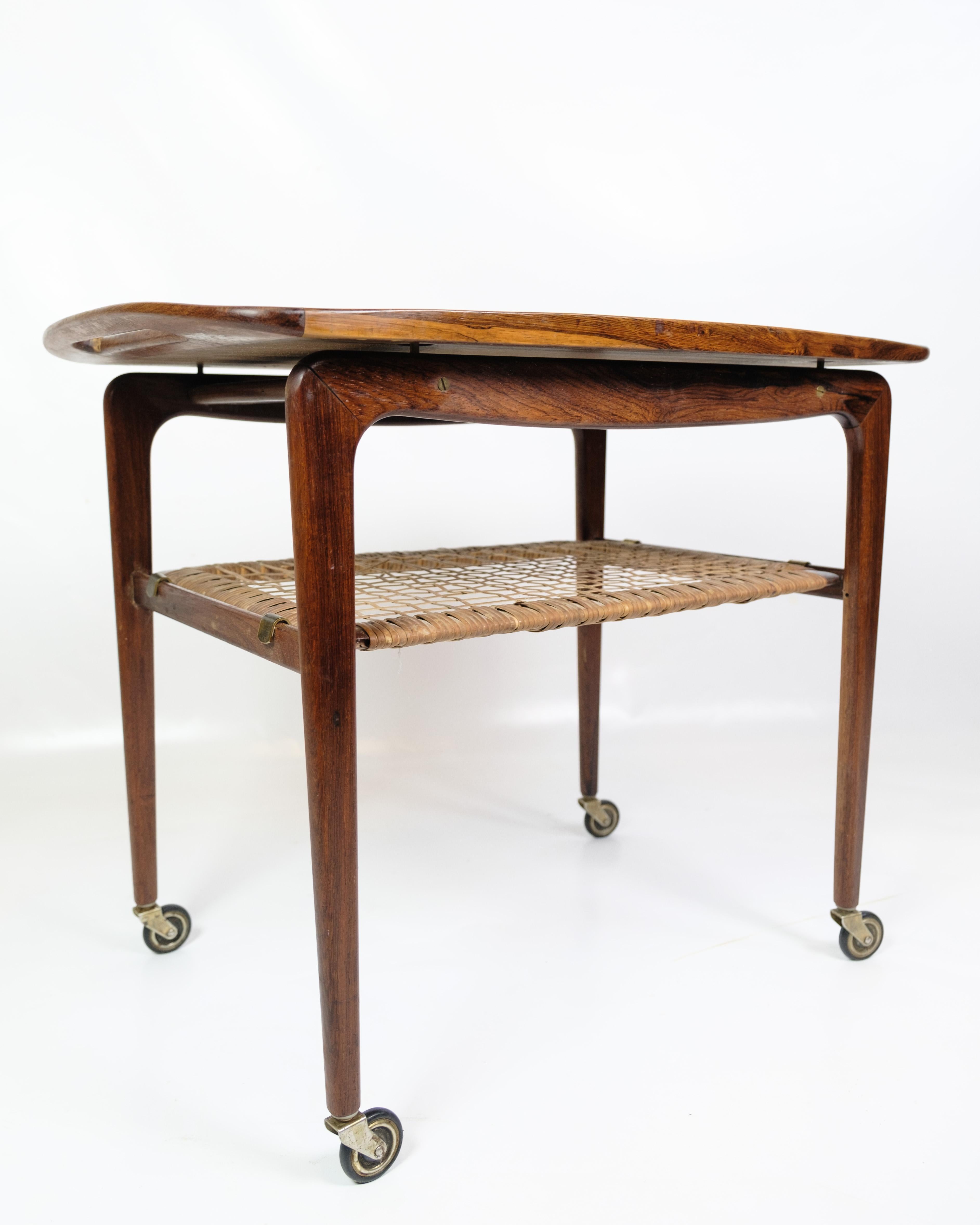 Danish Serving Trolley With Wicker Shelf Made In Rosewood By Johannes Andersen For Sale