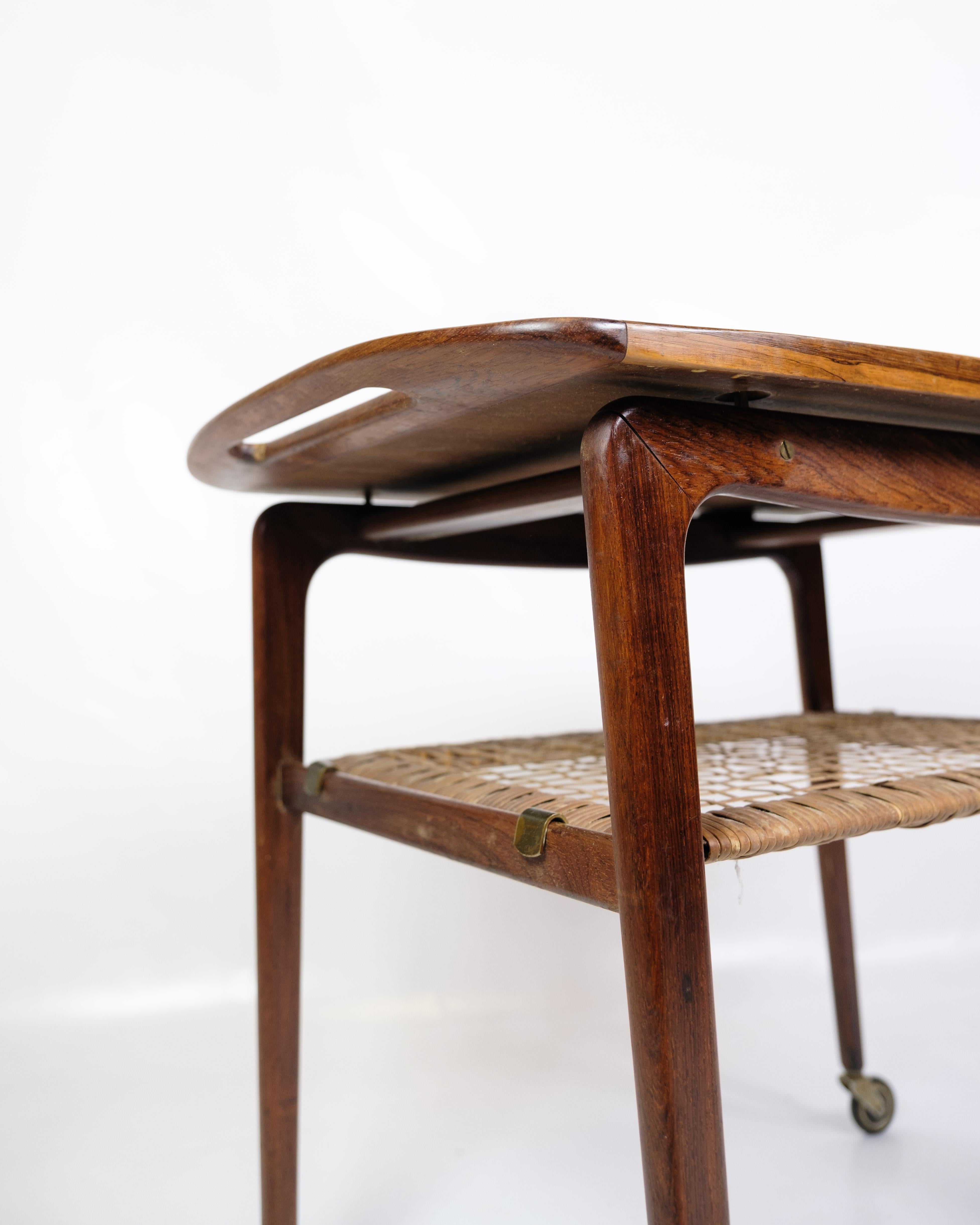 Mid-20th Century Serving Trolley With Wicker Shelf Made In Rosewood By Johannes Andersen For Sale