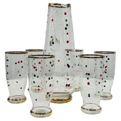 Servizio 6 bicchieri caraffa leggerissimo vetro soffiato decoro coriandoli 1950