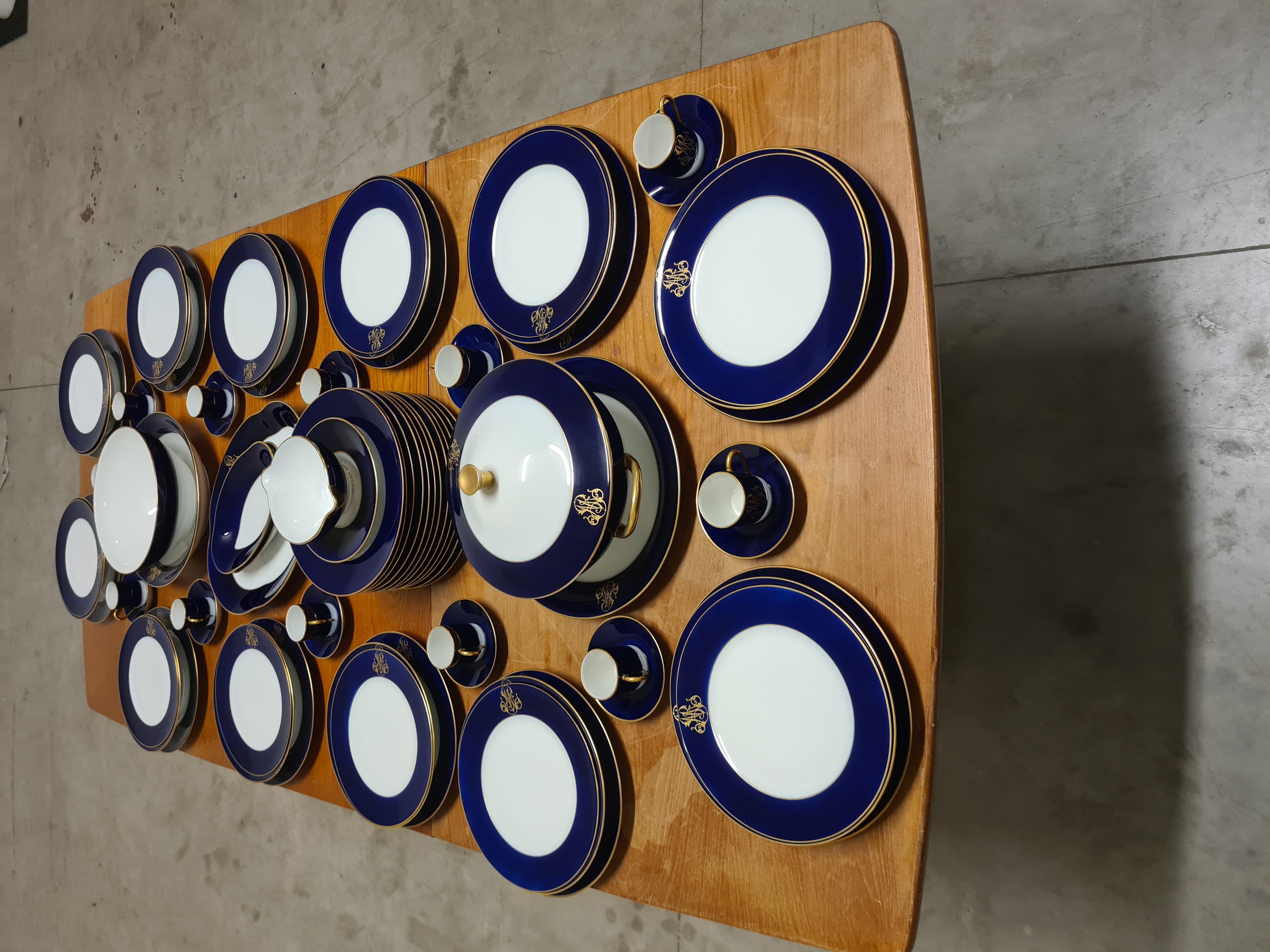 French 12-person service Cobalt blue by Rocal Limoges, 68 pieces For Sale