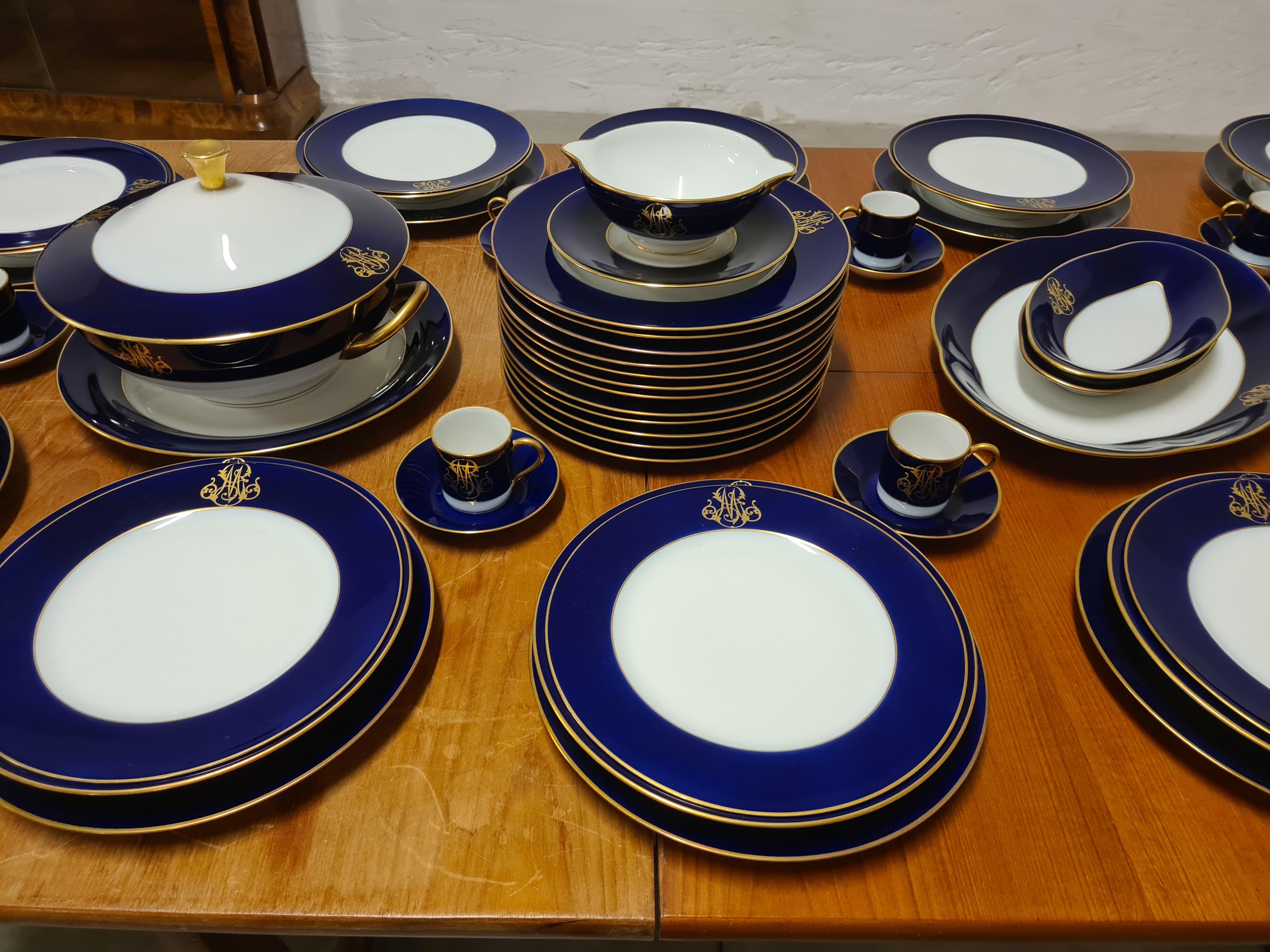 Porcelain 12-person service Cobalt blue by Rocal Limoges, 68 pieces For Sale