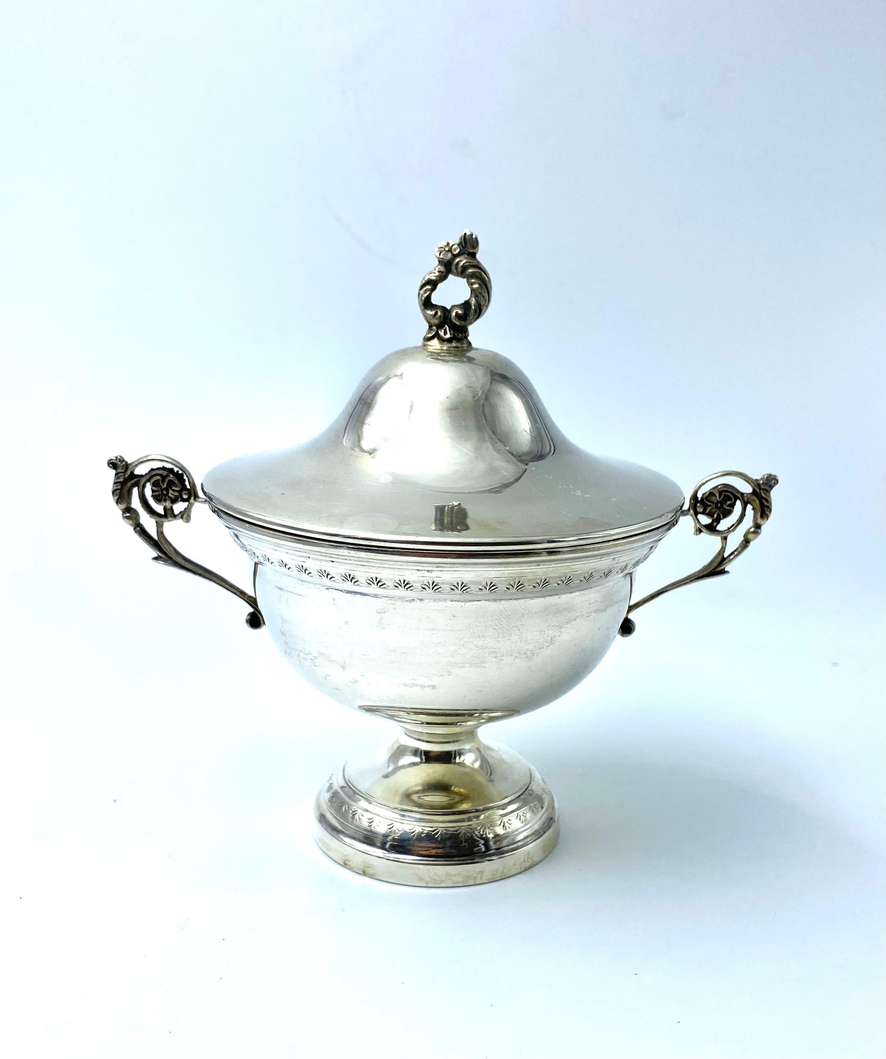 Raffiniertes polychromes Porzellan-Kaffeeservice, bestehend aus 6 Tassen in einer silbernen Schale, wunderschön im Jugendstil gearbeitet, hergestellt von der Firma Hutshenreuther in Hohenberg (Deutschland), datiert 1914. Eine Zuckerdose, ebenfalls