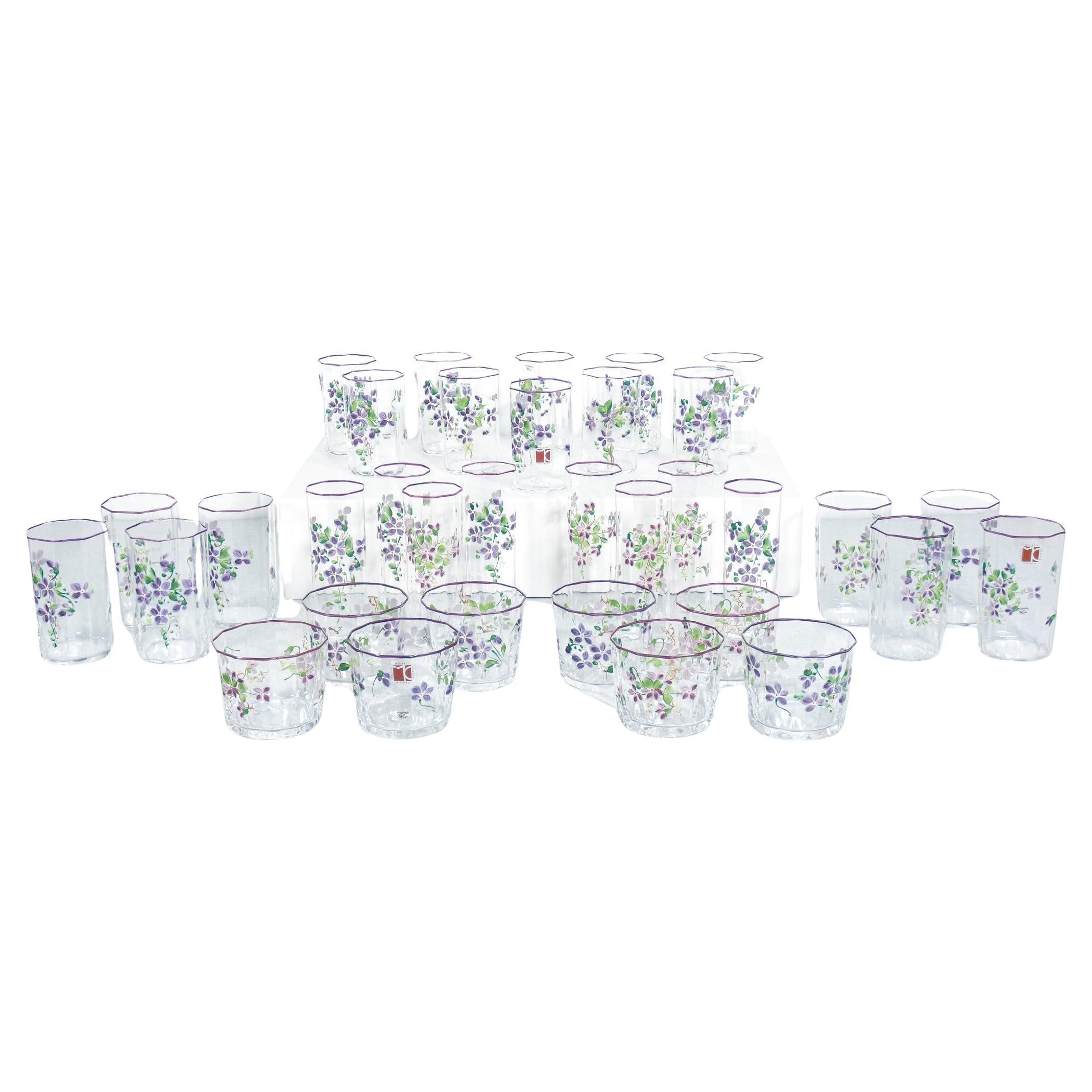 Ensemble de 34 verres en 4 tailles par Carlo MORETTI, tous peints à la main en vente