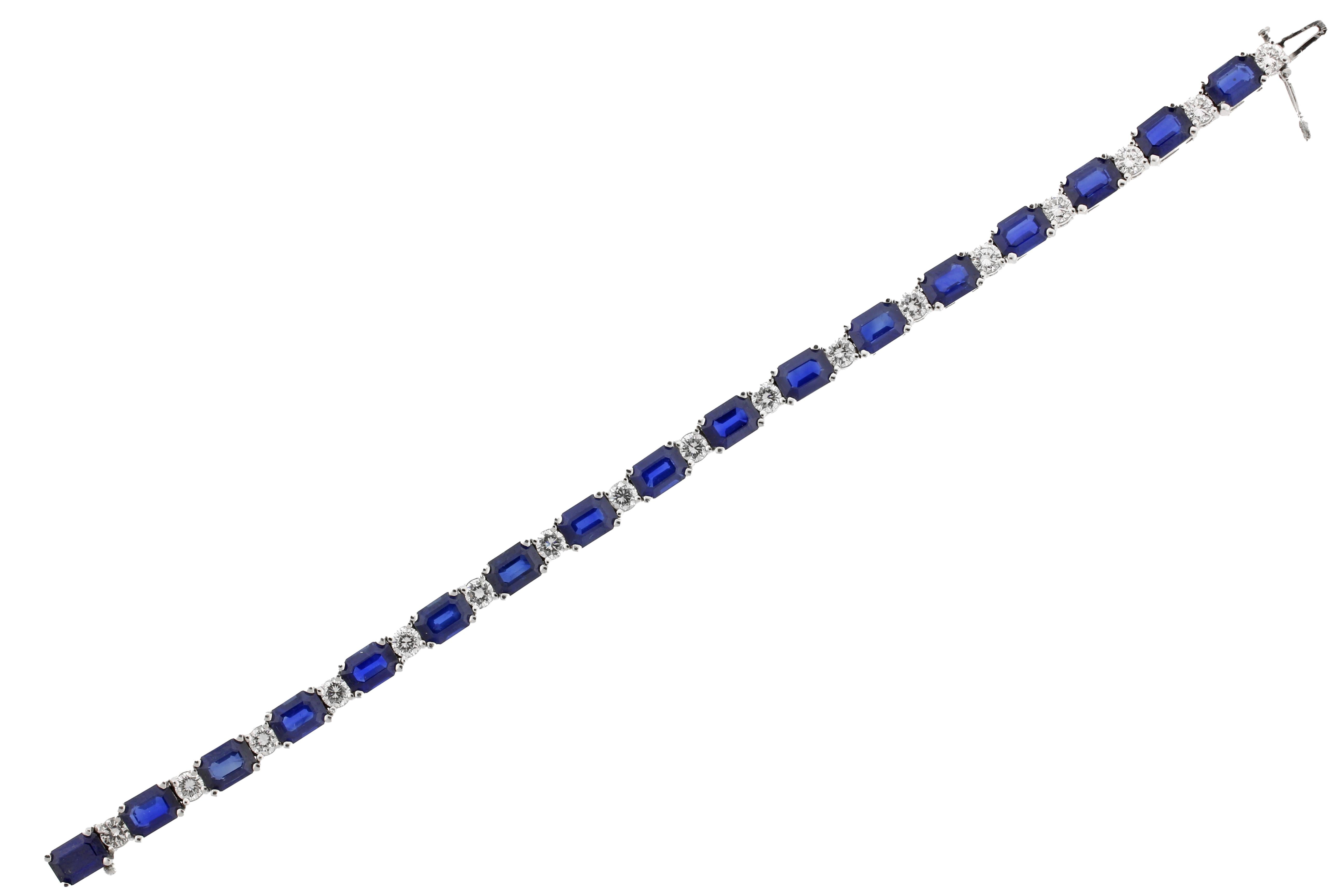 SES Creations Emerald Cut Sapphire and Diamond Tennis Bracelet in Platinum In Excellent Condition For Sale In Bethesda, MD