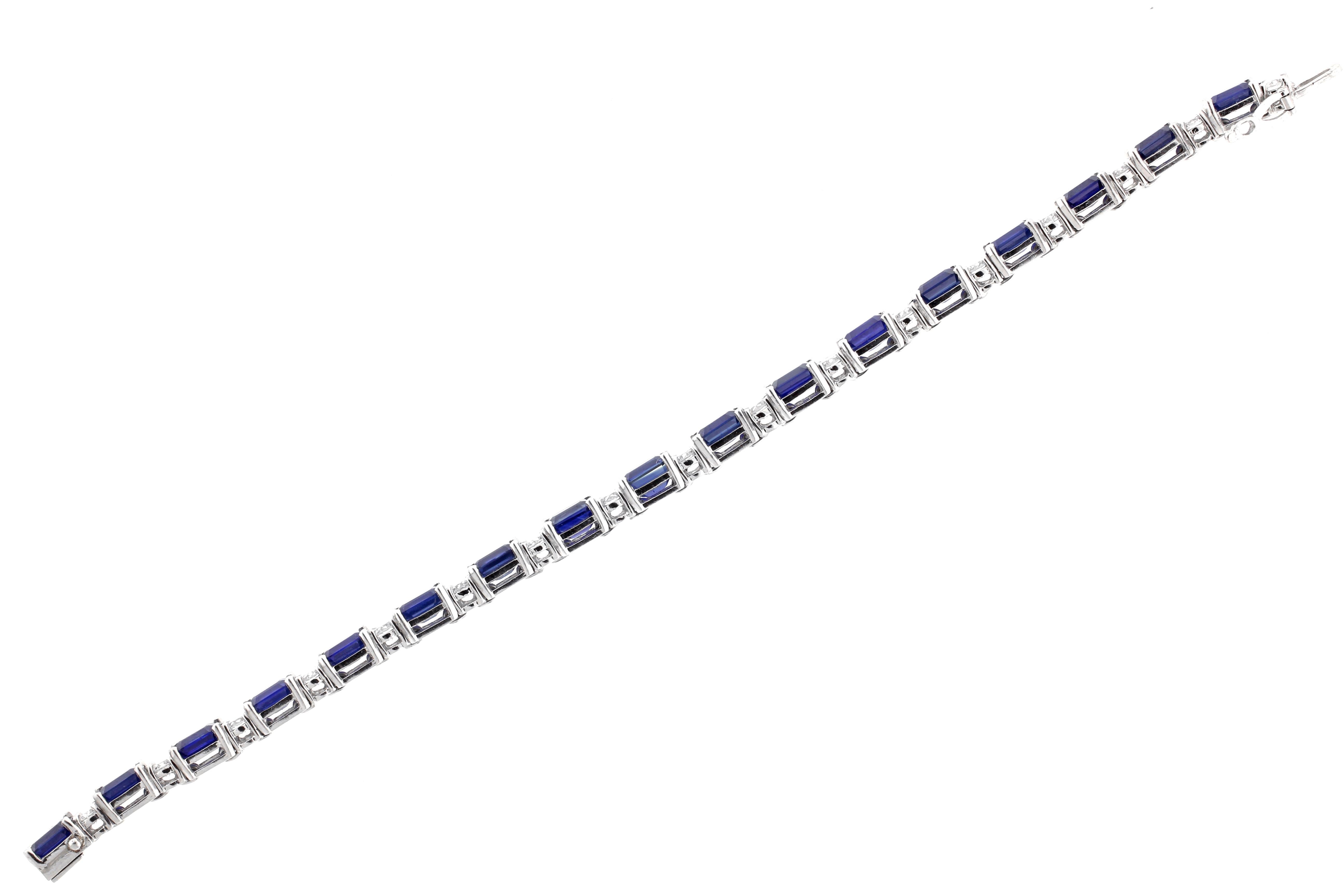 Women's or Men's SES Creations Emerald Cut Sapphire and Diamond Tennis Bracelet in Platinum For Sale