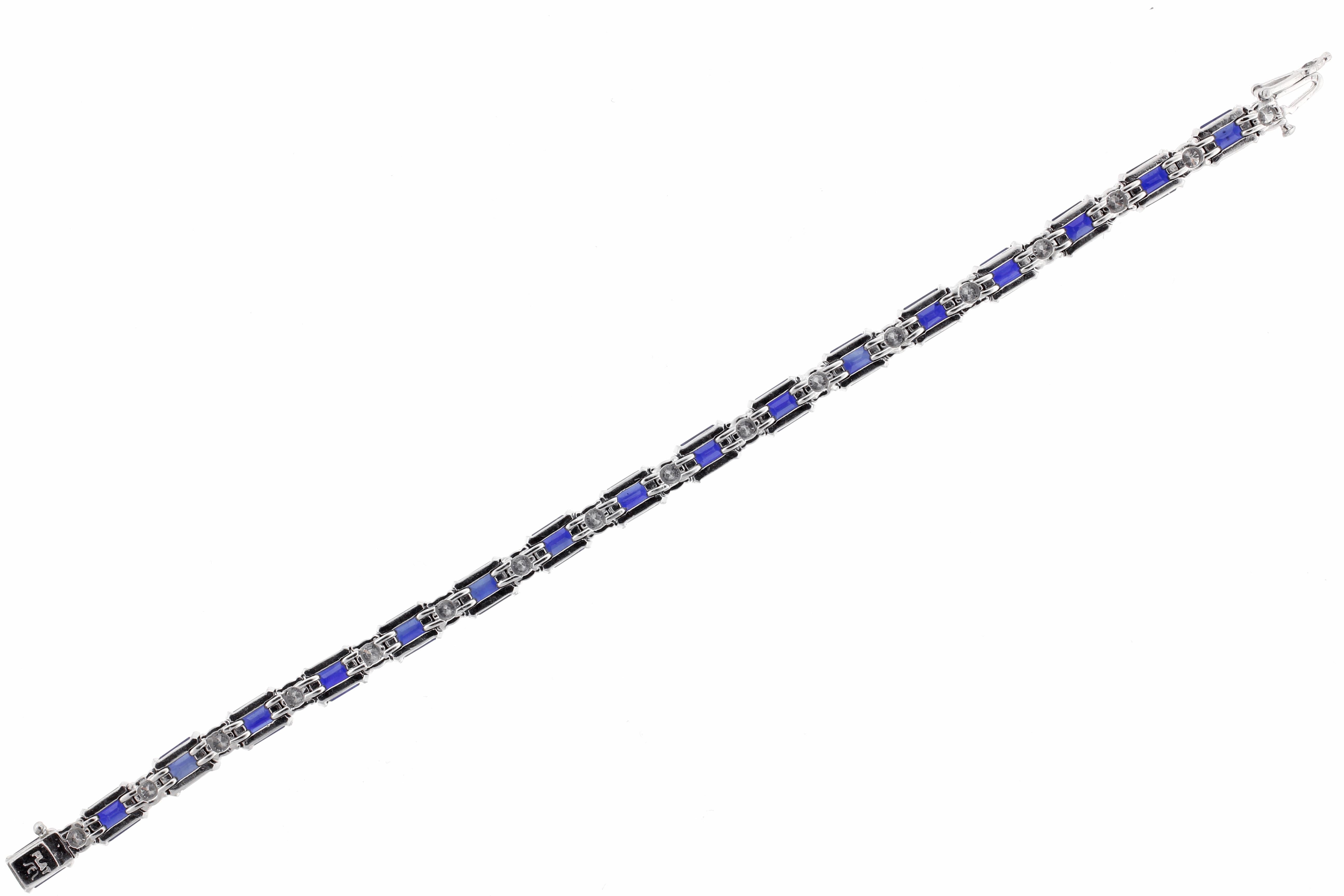 SES Creations Emerald Cut Sapphire and Diamond Tennis Bracelet in Platinum For Sale 1