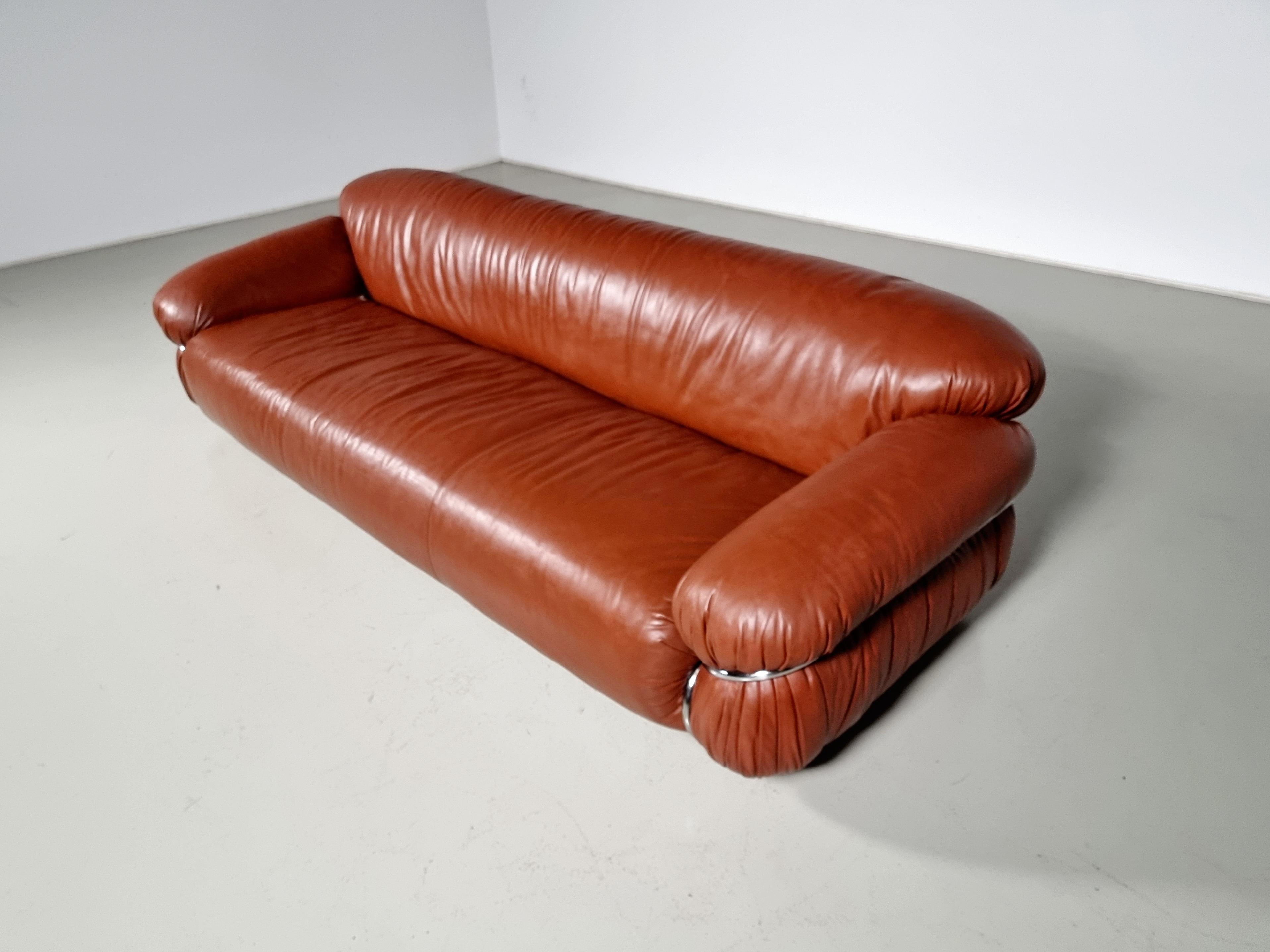 European Sesann 3-Seater Sofa in cognac leather by Gianfranco Frattini for Cassina, 1970s