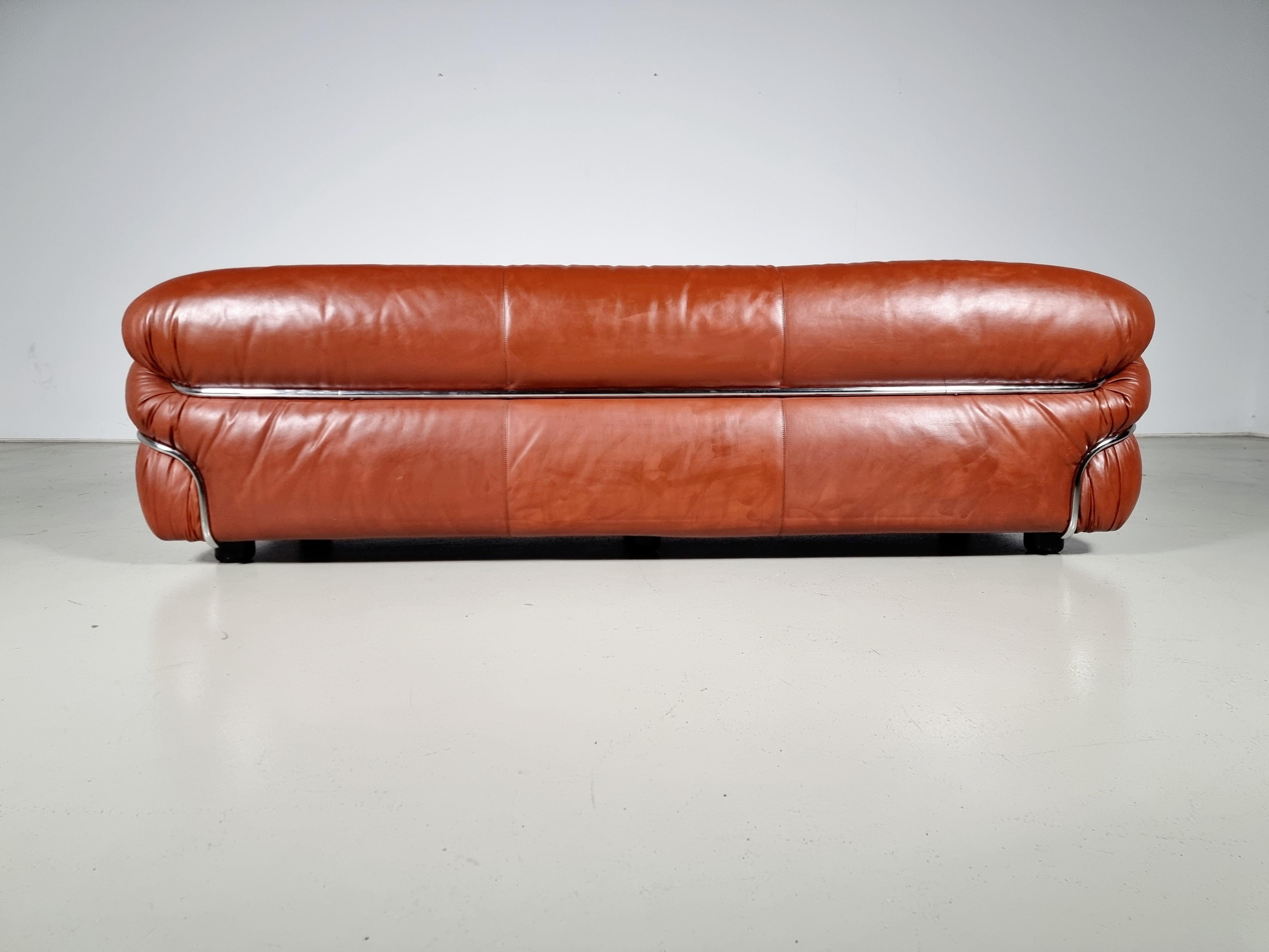 Chrome Sesann 3-Seater Sofa in cognac leather by Gianfranco Frattini for Cassina, 1970s