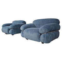 Sesann Lounge Chairs in blue chenille  by Gianfranco Frattini for Cassina, 1970s