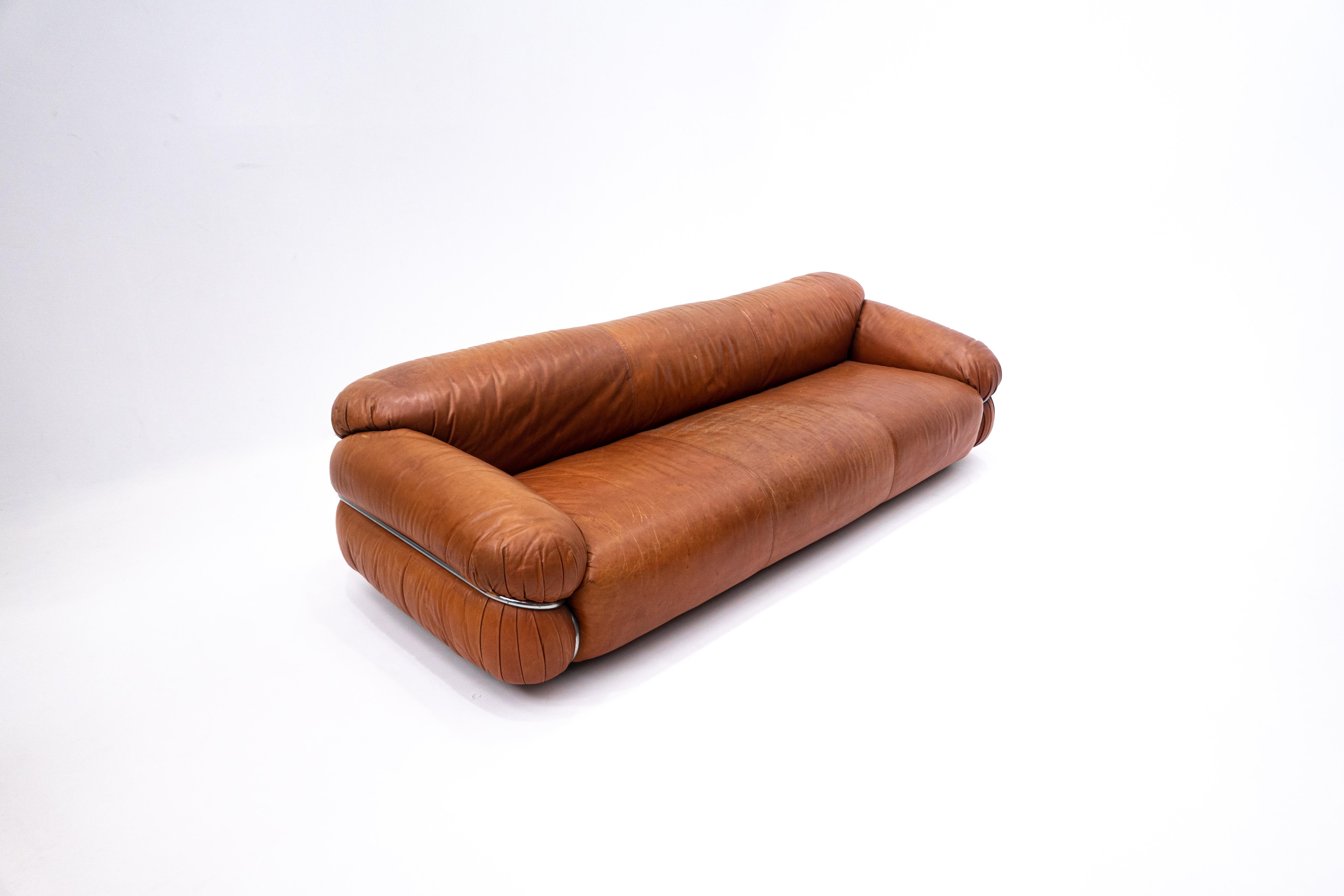 Mid-Century Modern Sesann Sofa by Gianfranco Frattini for Cassina, Cognac Leather, Italy, 1970s