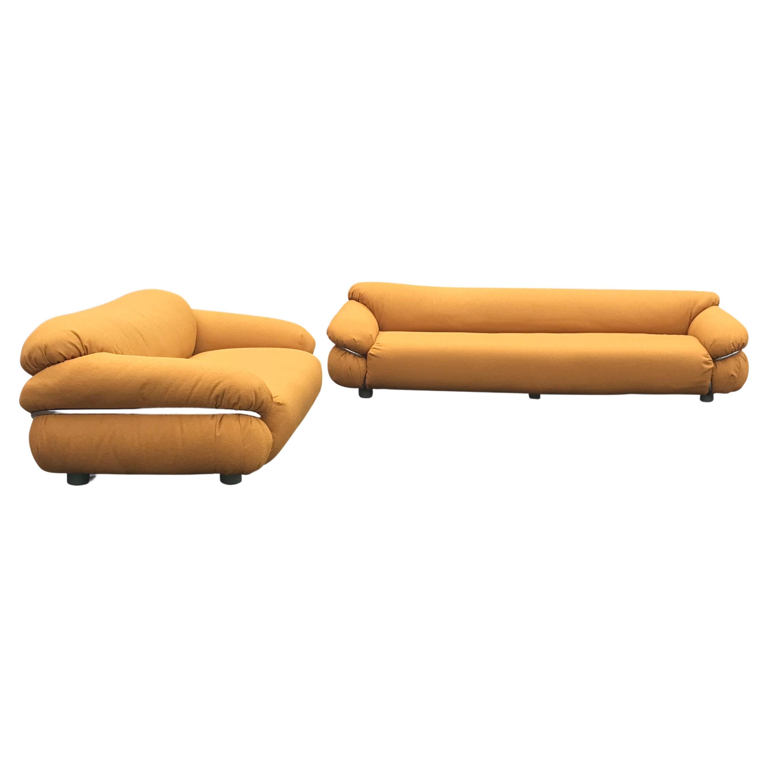 Sesann yellow bouclé sofa by Gianfranco Frattini for Cassina 1970s, set of 2 For Sale