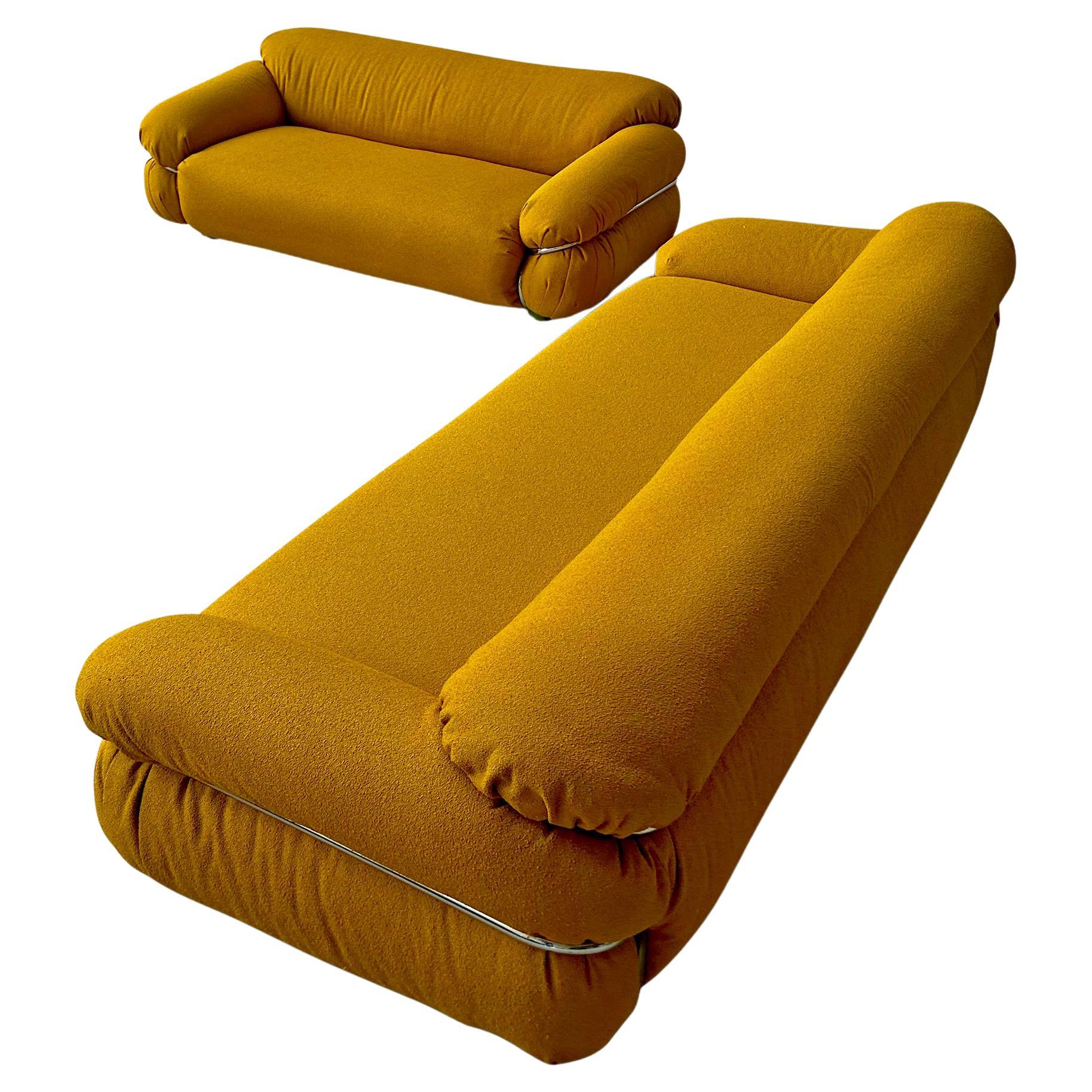 Sesann yellow bouclé sofa by Gianfranco Frattini for Cassina 1970s, set of 2