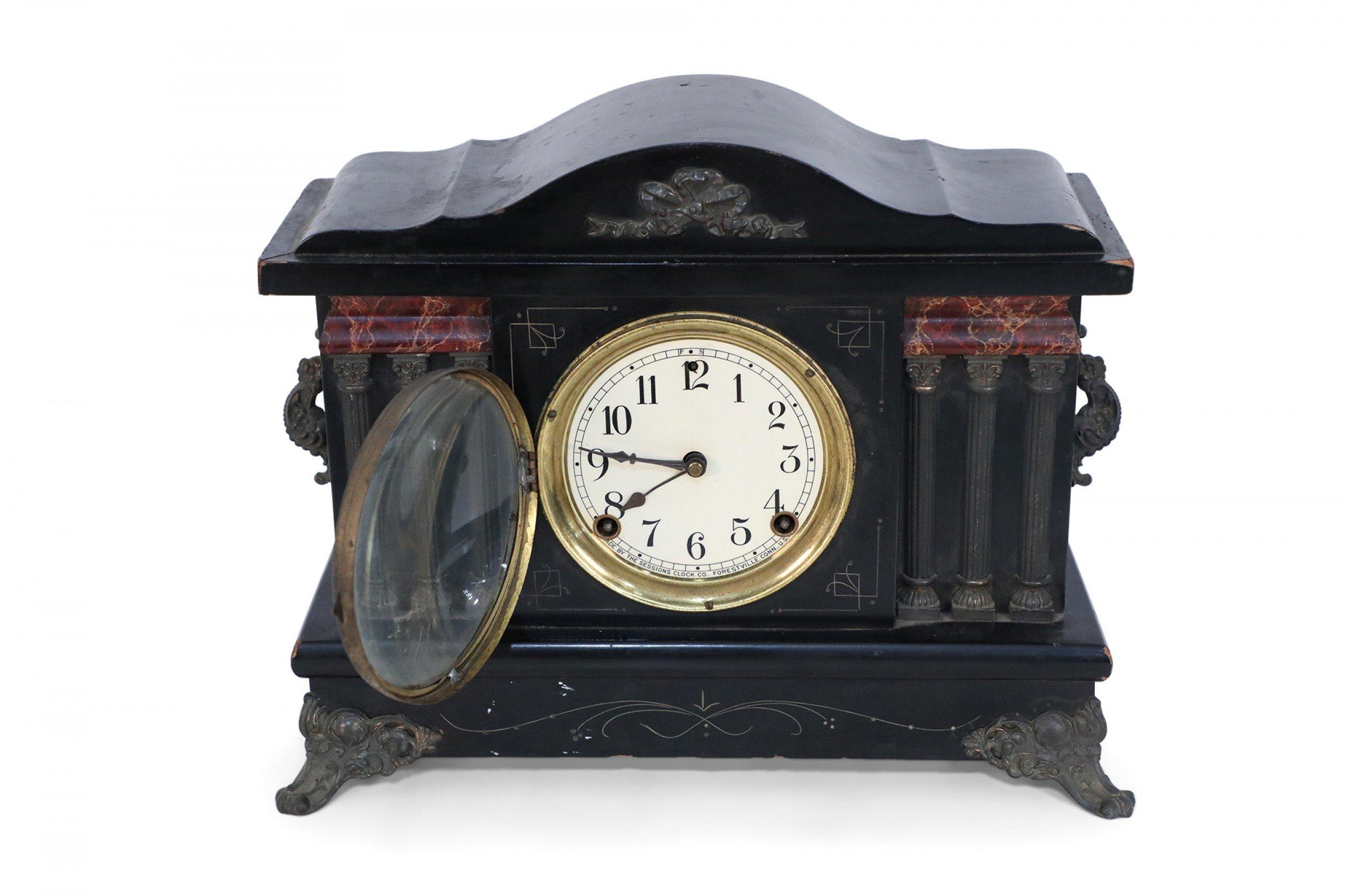 Sessions Clock Co. American Victorian Bronze Column Wooden Case Mantel Clock In Good Condition For Sale In Queens, NY