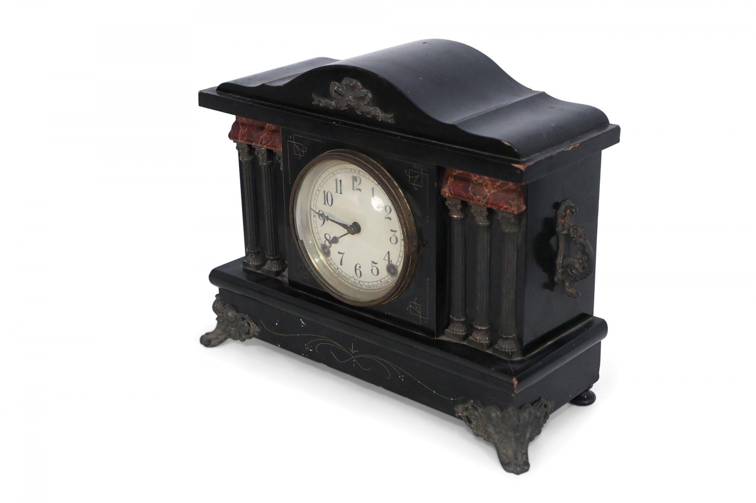 19th Century Sessions Clock Co. American Victorian Bronze Column Wooden Case Mantel Clock For Sale