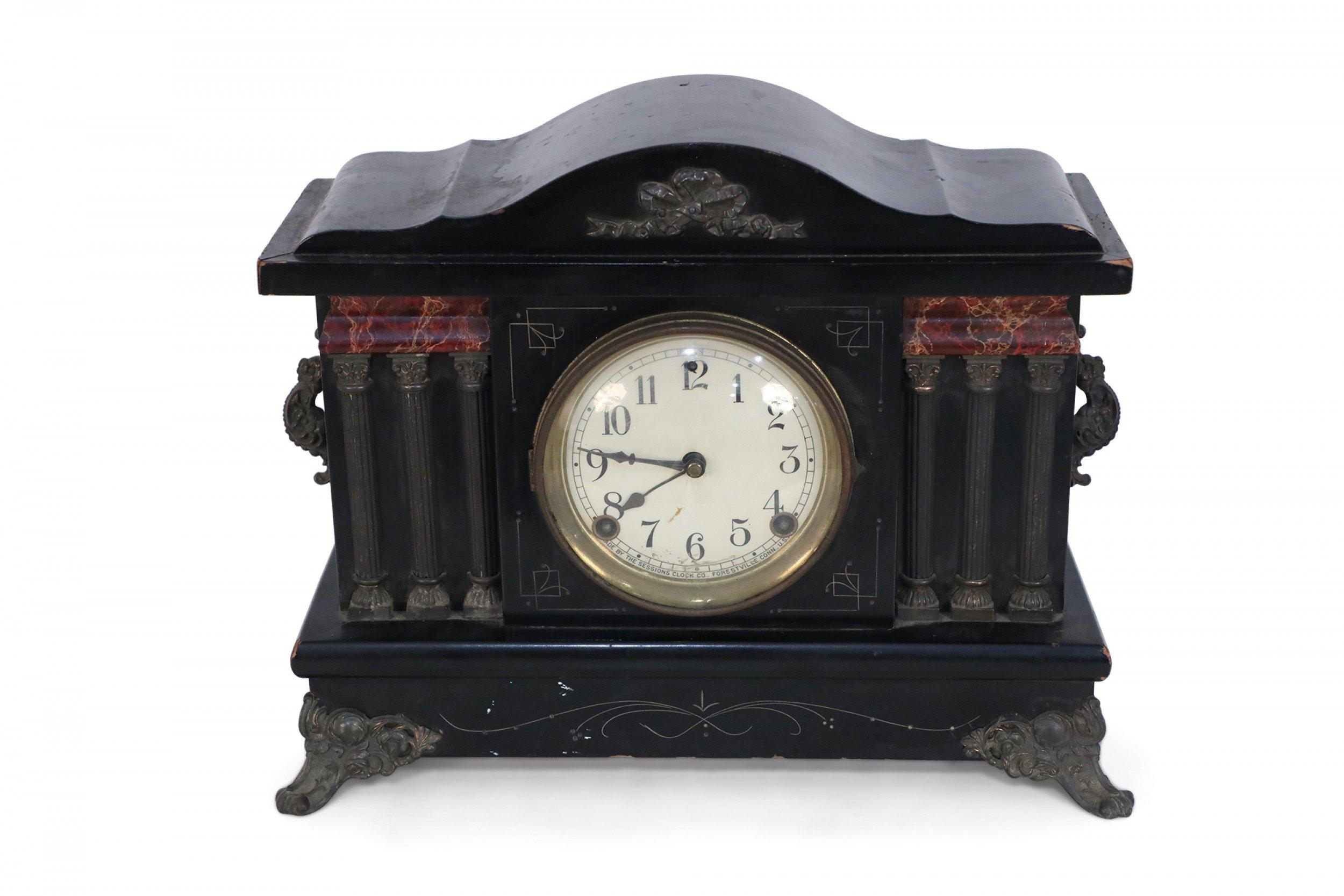 Sessions Clock Co. Amerikanische viktorianische Kaminuhr aus Bronze mit Holzkoffer und Säulen im Angebot 2