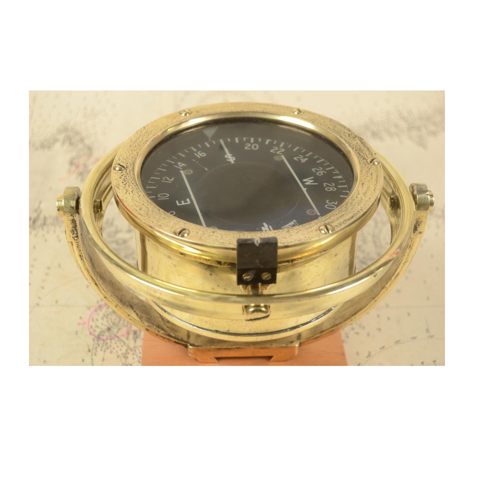 Brass Sestrel Aeronautical Magnetic Compass Signed H B & S Ltd London on Wooden Base