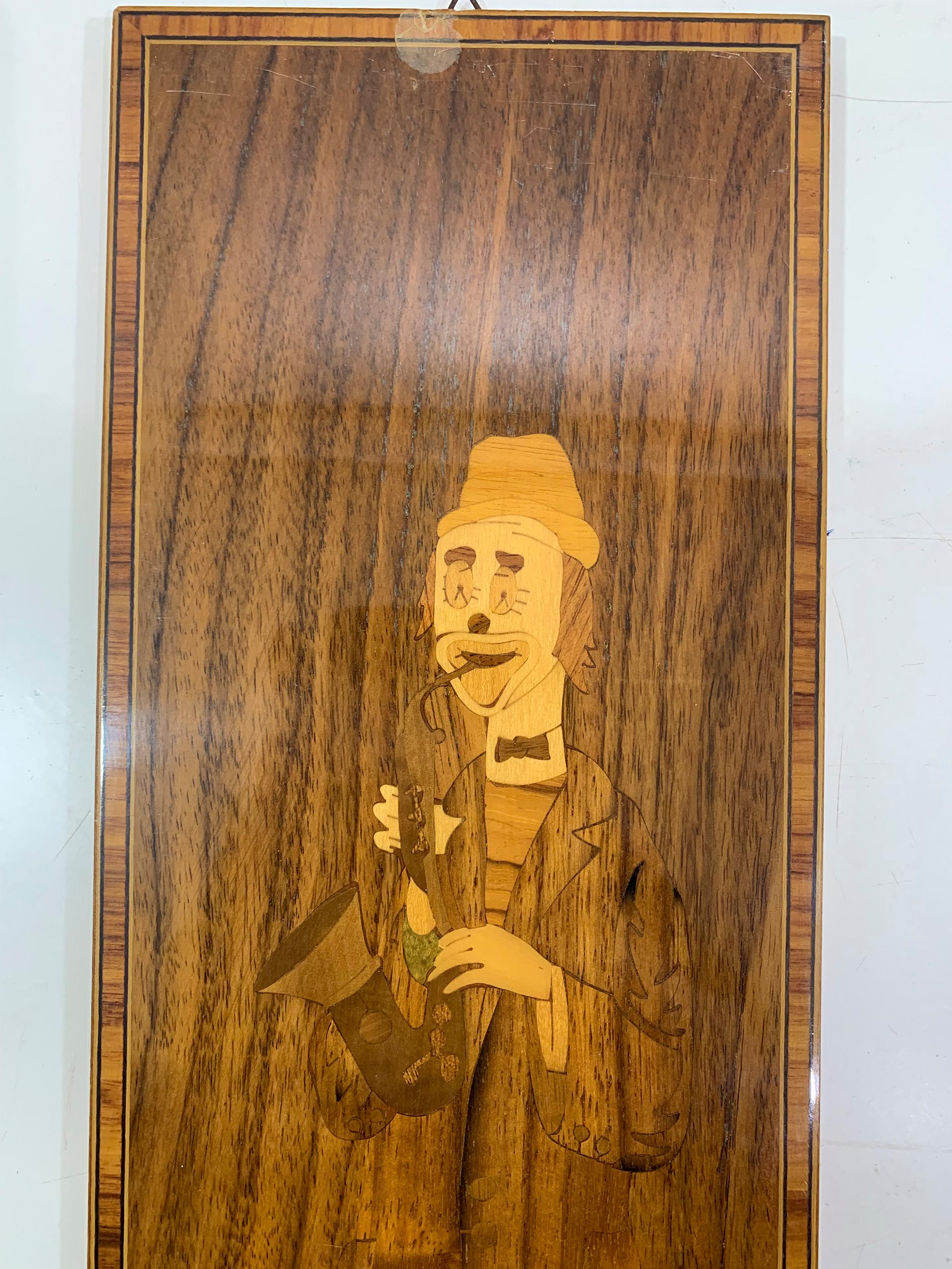 Art Deco Set 1 of 3 Vintage Italian Marquetry Wood Inlay Musician Clowns Stamped  For Sale