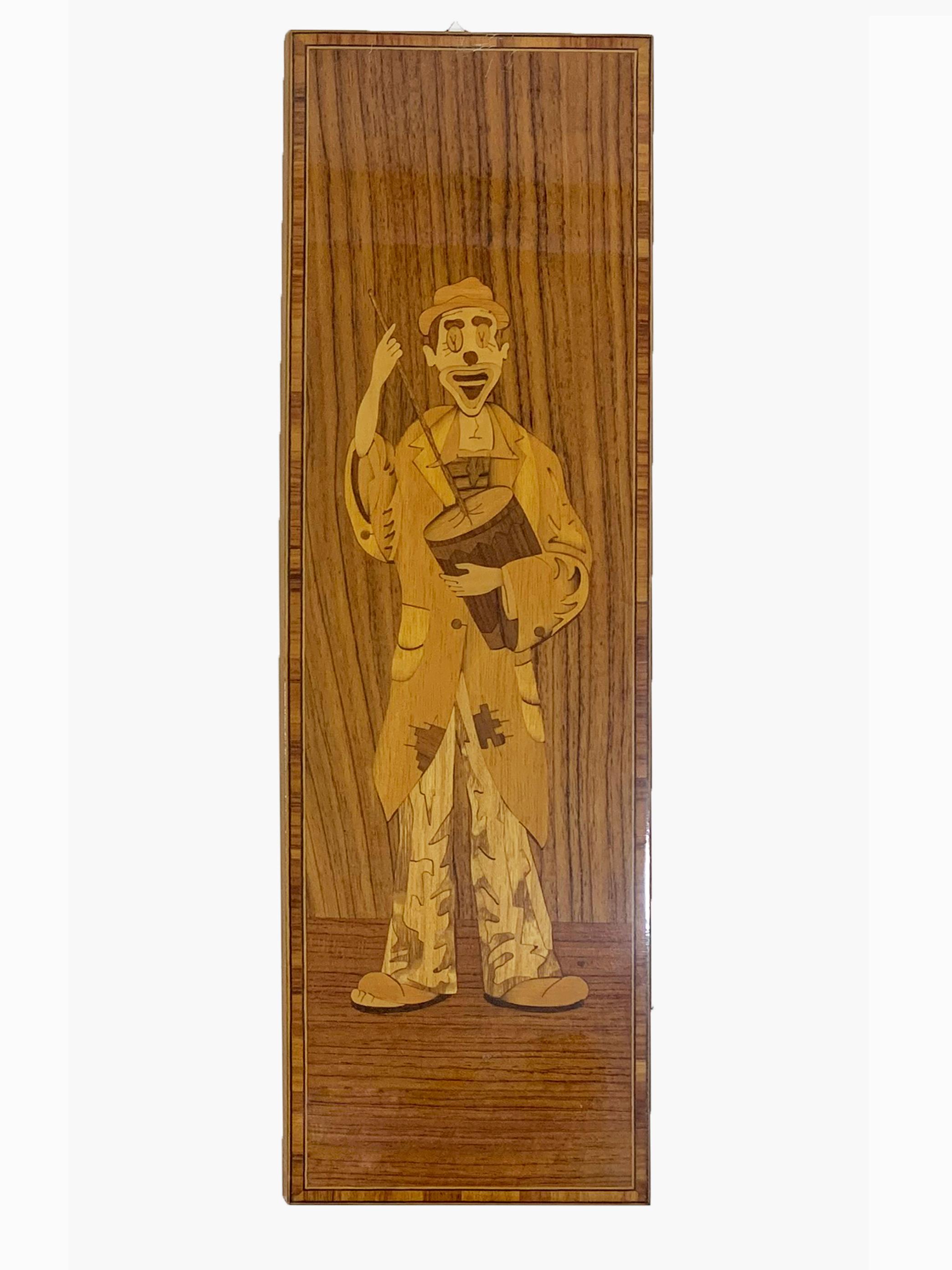 Set 1 of 3 Vintage Italian Marquetry Wood Inlay Musician Clowns Stamped  For Sale 3