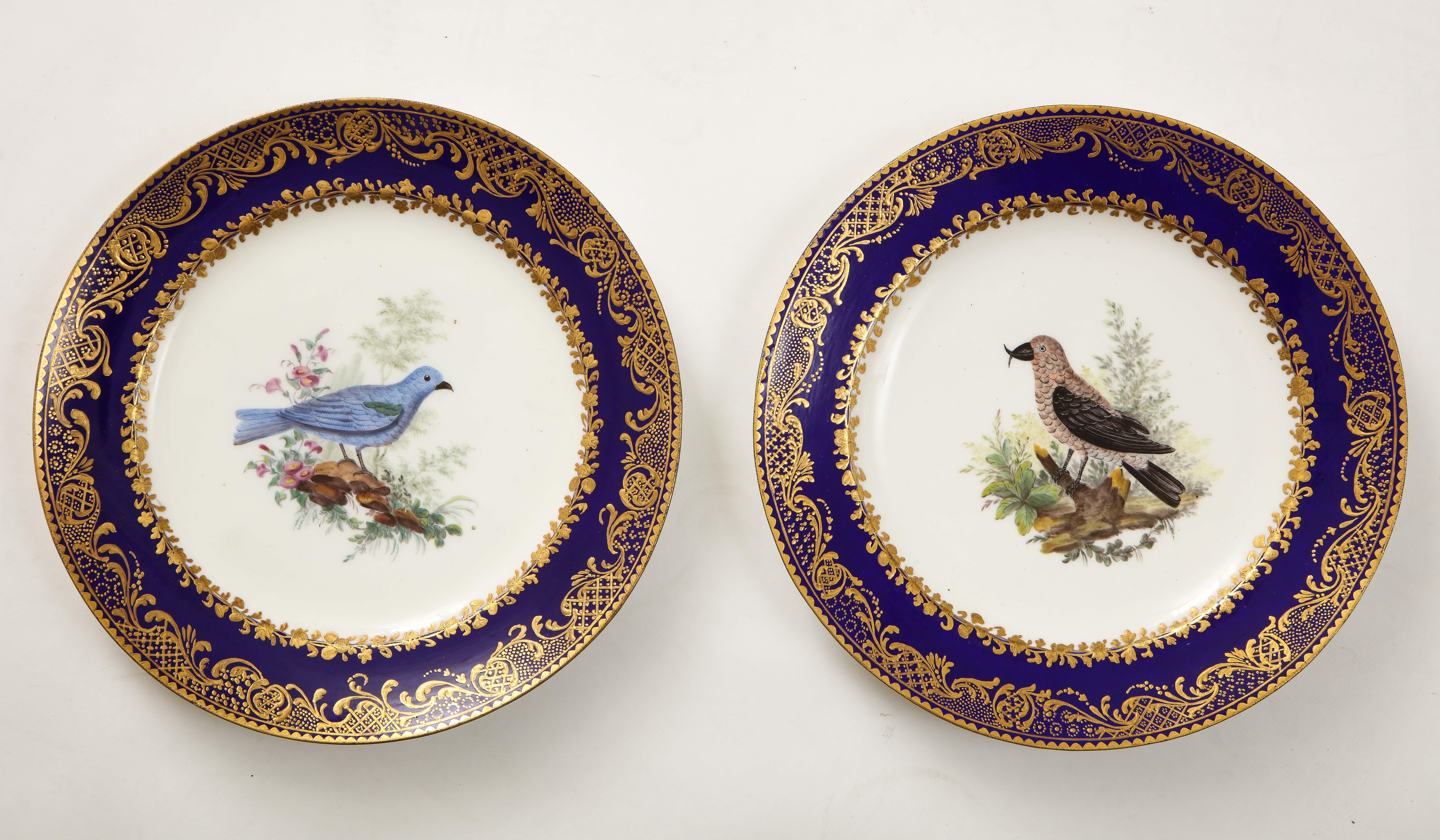 Set 10 assiettes à décor d'oiseaux en Sèvres du 18e C., fond bleu foncé, empâtement doré en vente 5