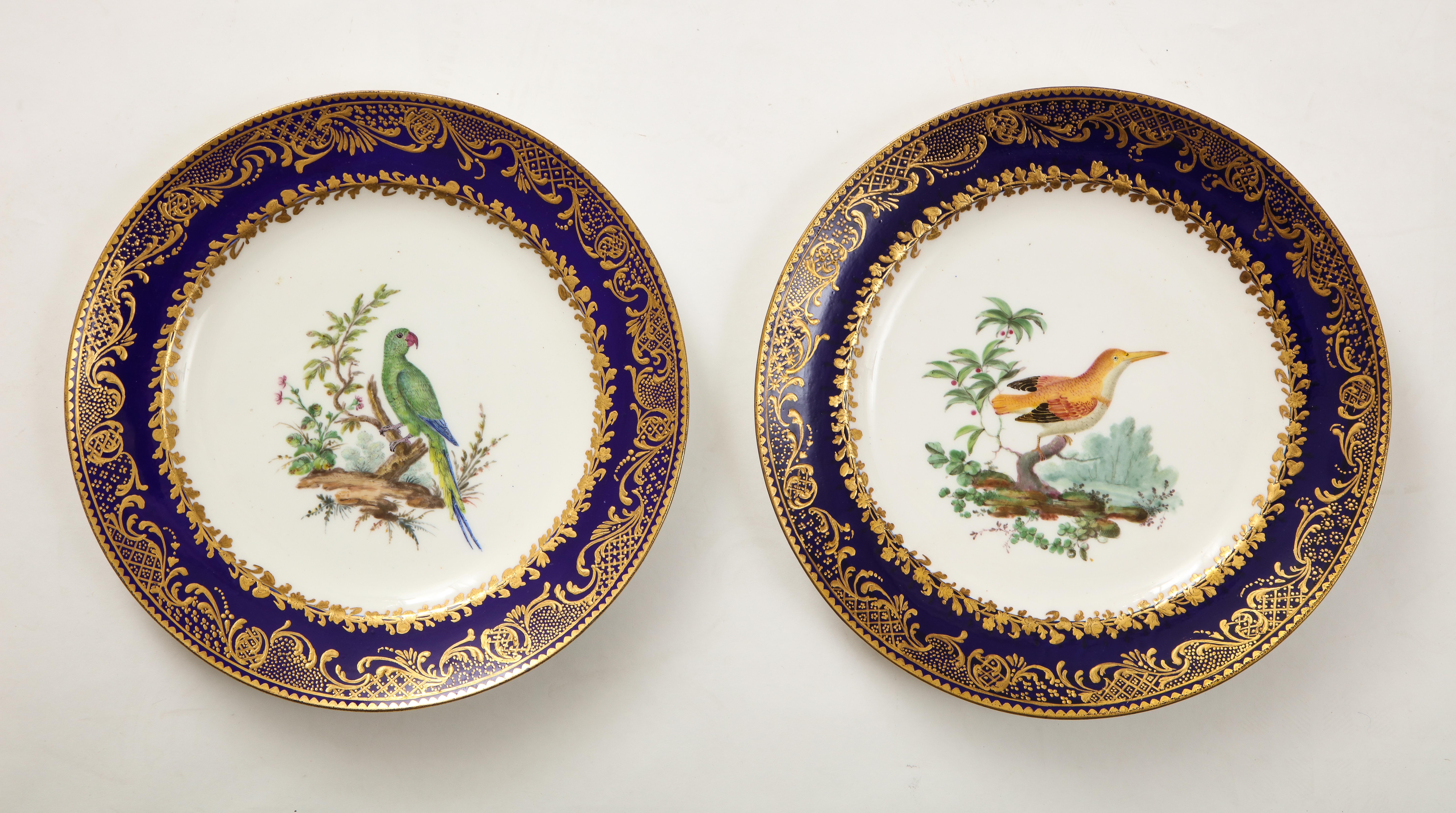 Set 10 assiettes à décor d'oiseaux en Sèvres du 18e C., fond bleu foncé, empâtement doré en vente 7