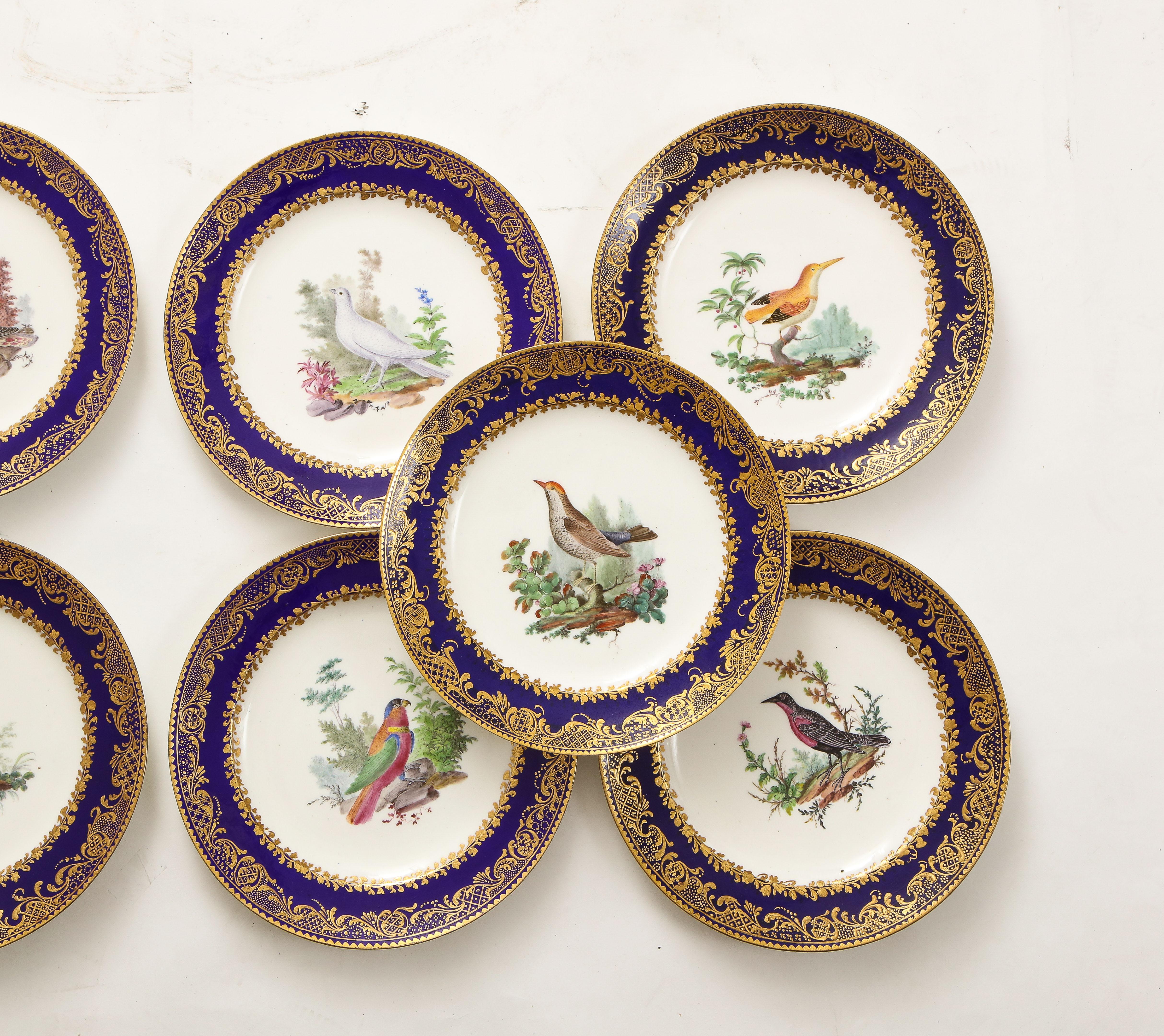 Louis XVI Set 10 assiettes à décor d'oiseaux en Sèvres du 18e C., fond bleu foncé, empâtement doré en vente
