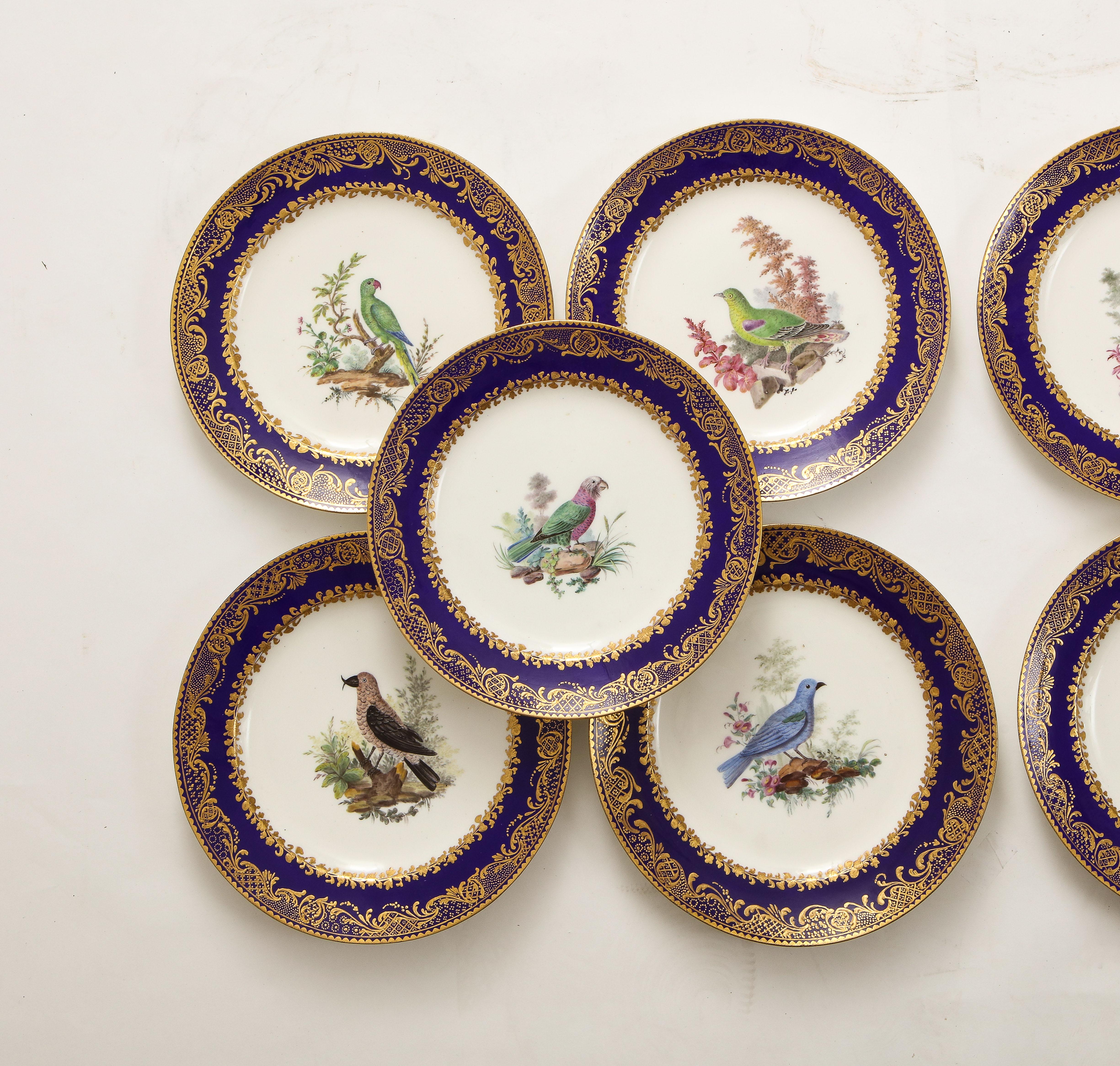 Français Set 10 assiettes à décor d'oiseaux en Sèvres du 18e C., fond bleu foncé, empâtement doré en vente