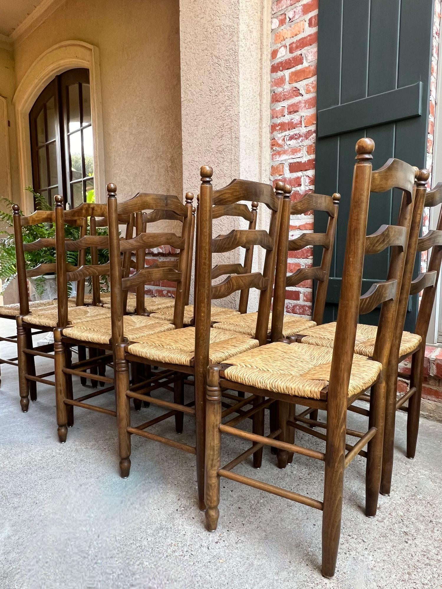 Set 10 Antique French Ladder Back Oak Dining Chairs Rush Seat Vintage Country 4