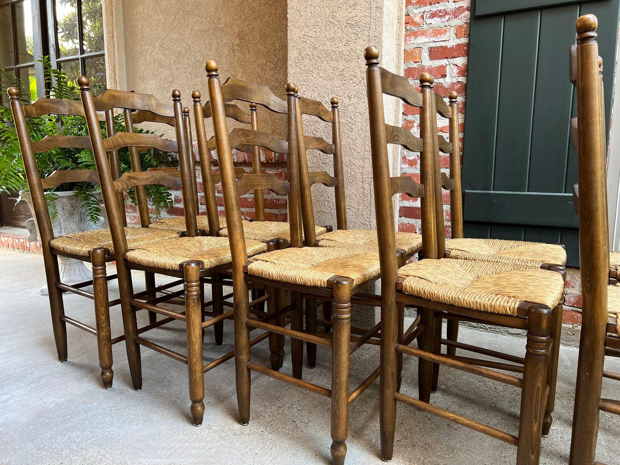 Set 10 Antique French Ladder Back Oak Dining Chairs Rush Seat Vintage Country 5
