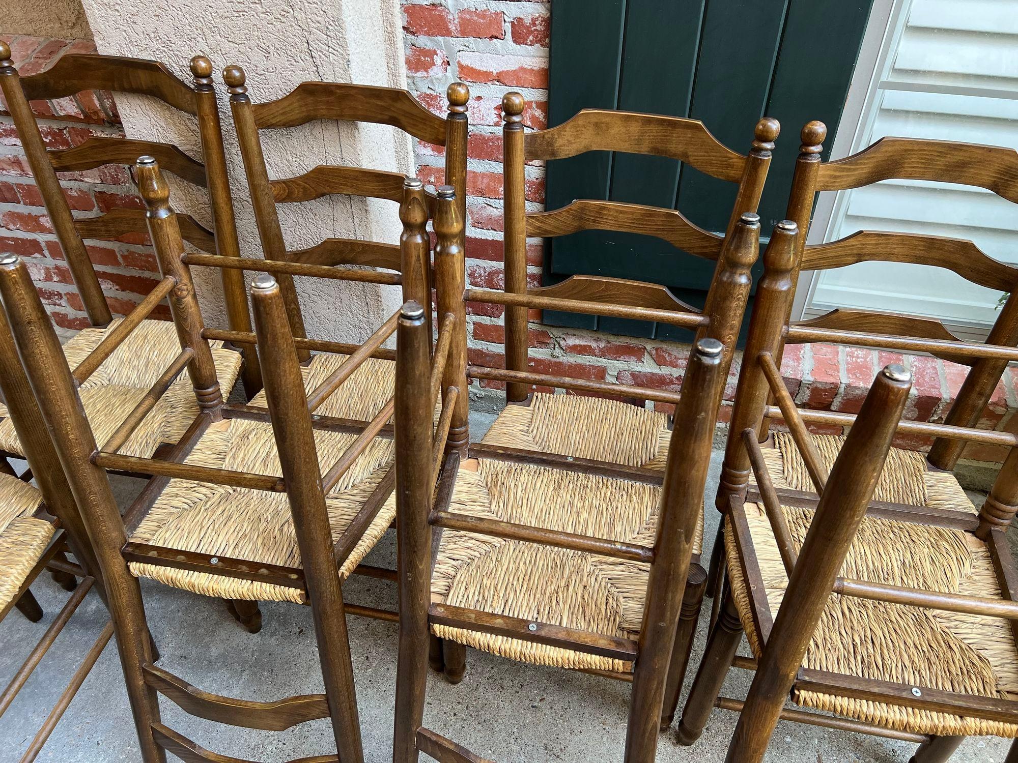 Set 10 Antique French Ladder Back Oak Dining Chairs Rush Seat Vintage Country 6