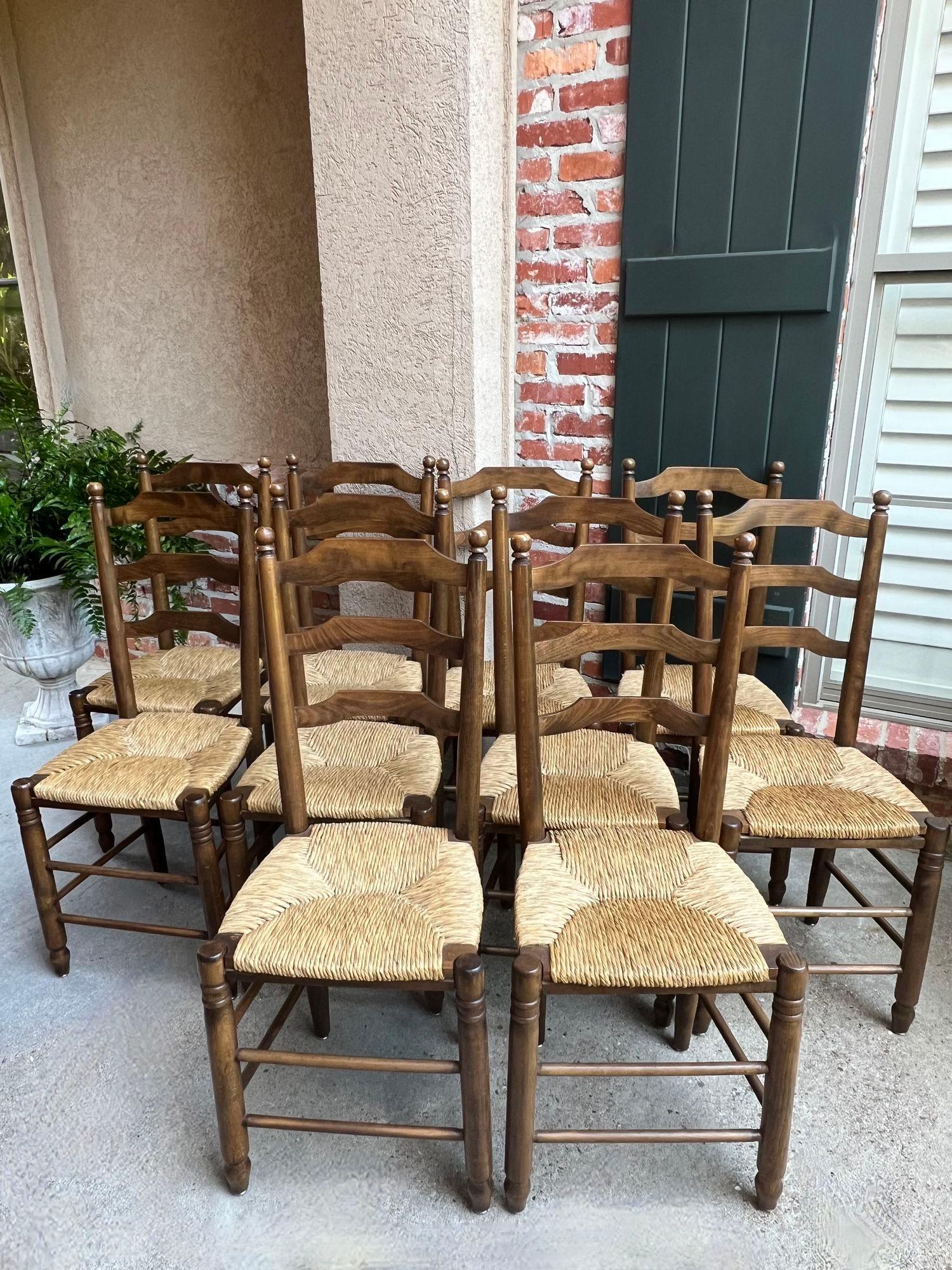 Set 10 Antique French Ladder Back Oak Dining Chairs Rush Seat Vintage Country 7