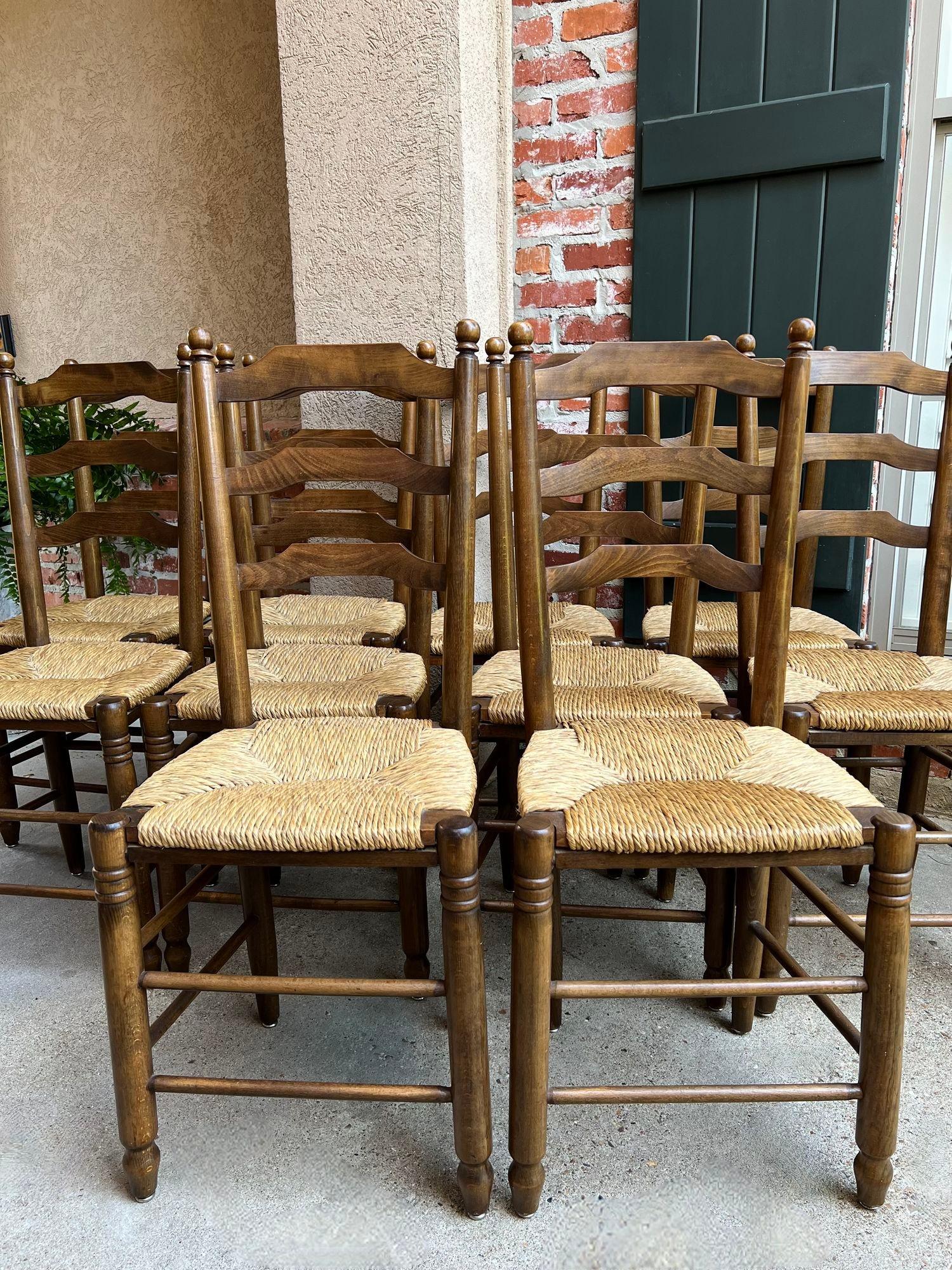 Set 10 Antique French Ladder Back Oak Dining Chairs Rush Seat Vintage Country 8