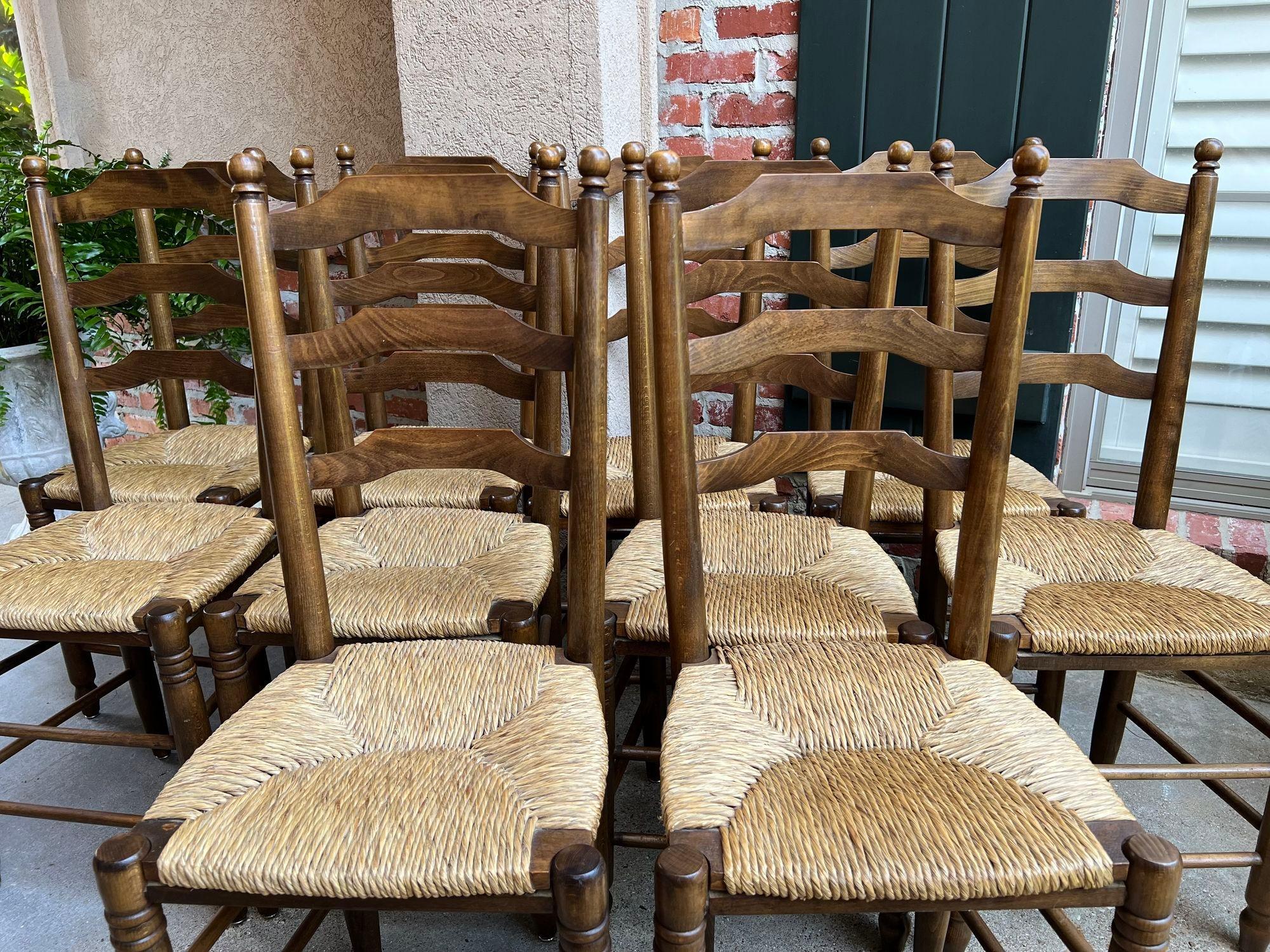 Set 10 Antique French Ladder Back Oak Dining Chairs Rush Seat Vintage Country 9