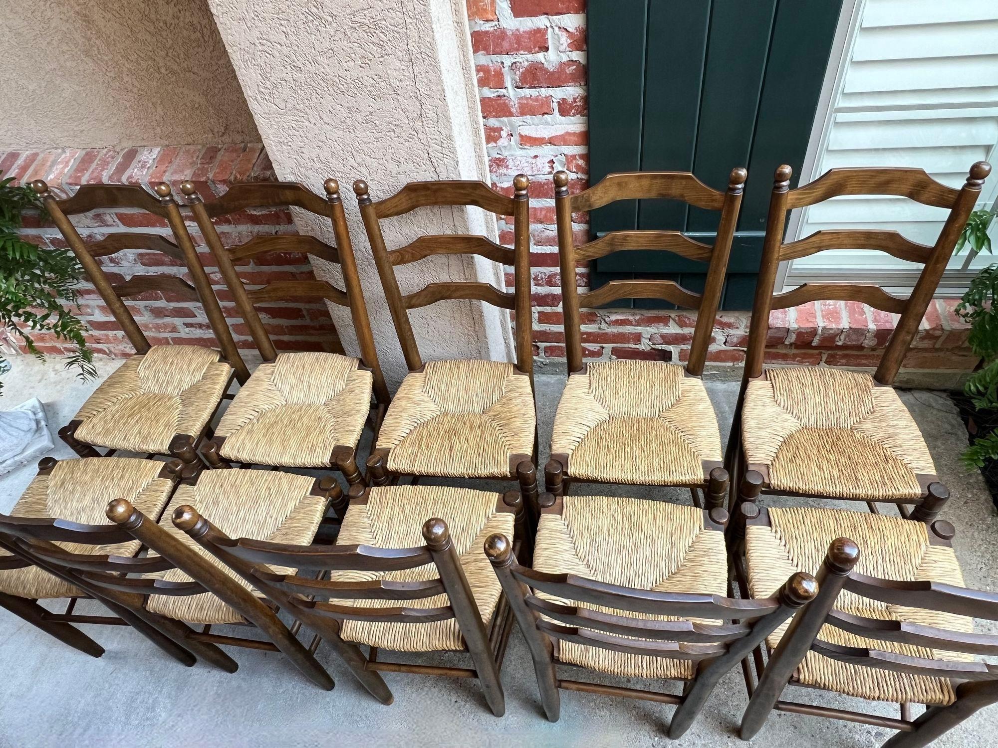 Set 10 Antique French Ladder Back Oak Dining Chairs Rush Seat Vintage Country 11