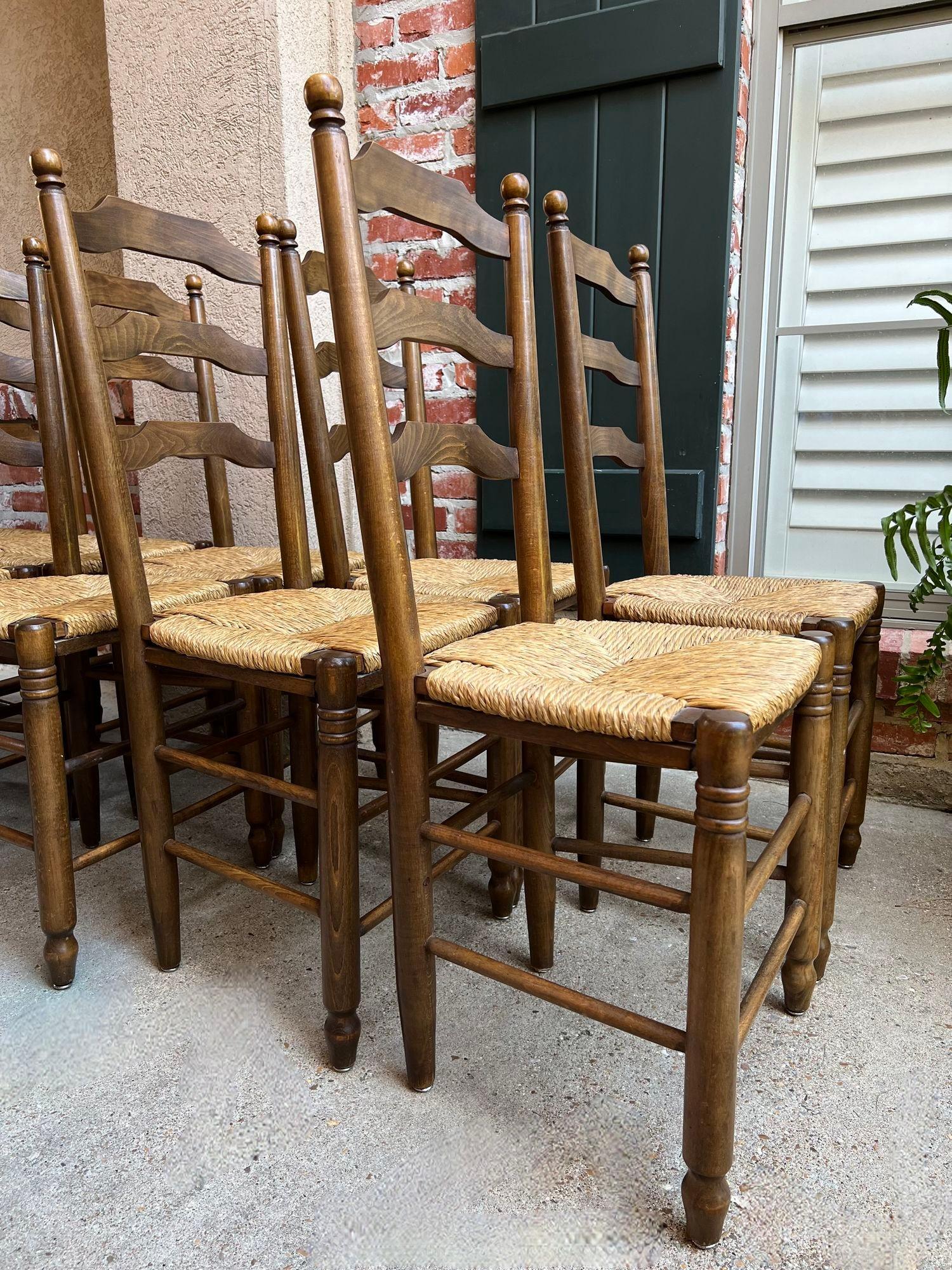 Set 10 Antique French Ladder Back Oak Dining Chairs Rush Seat Vintage Country 12