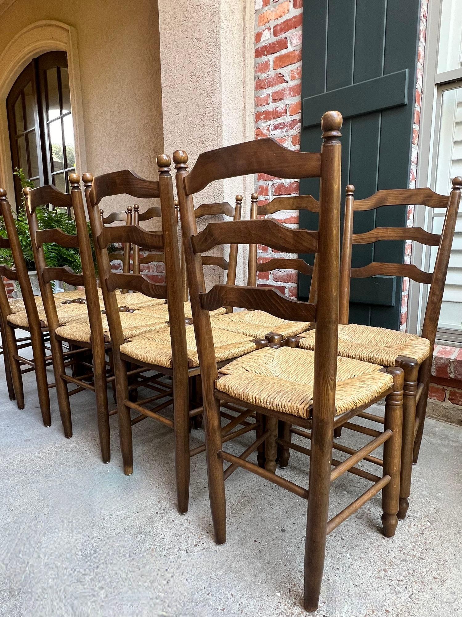 Set 10 Antique French Ladder Back Oak Dining Chairs Rush Seat Vintage Country 13
