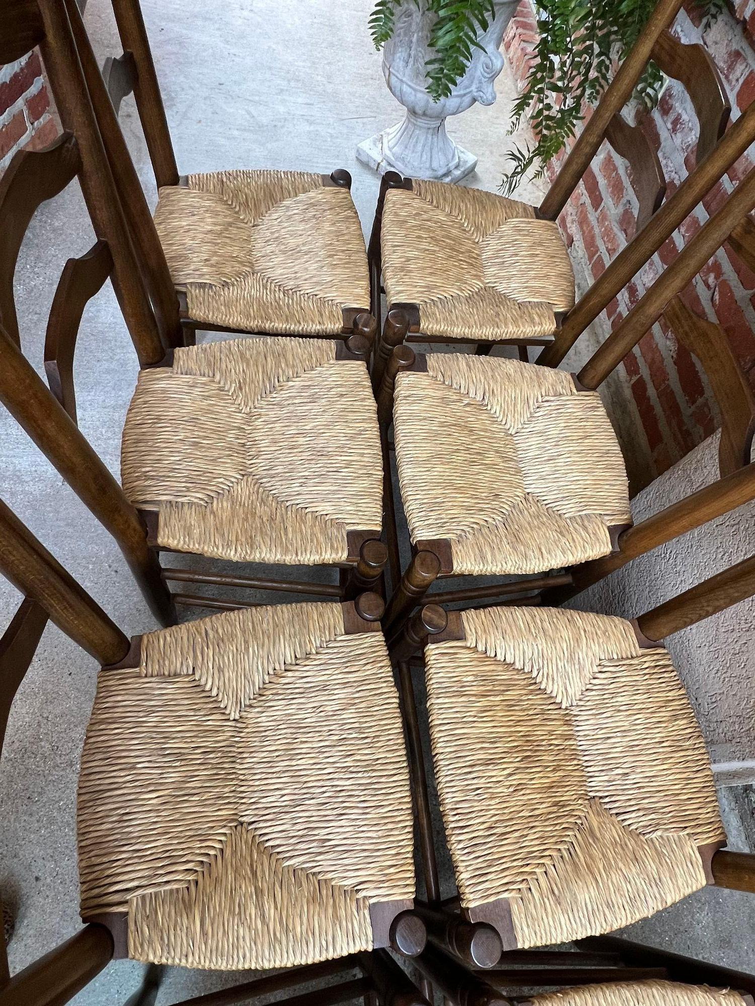 Set 10 Antique French Ladder Back Oak Dining Chairs Rush Seat Vintage Country 14