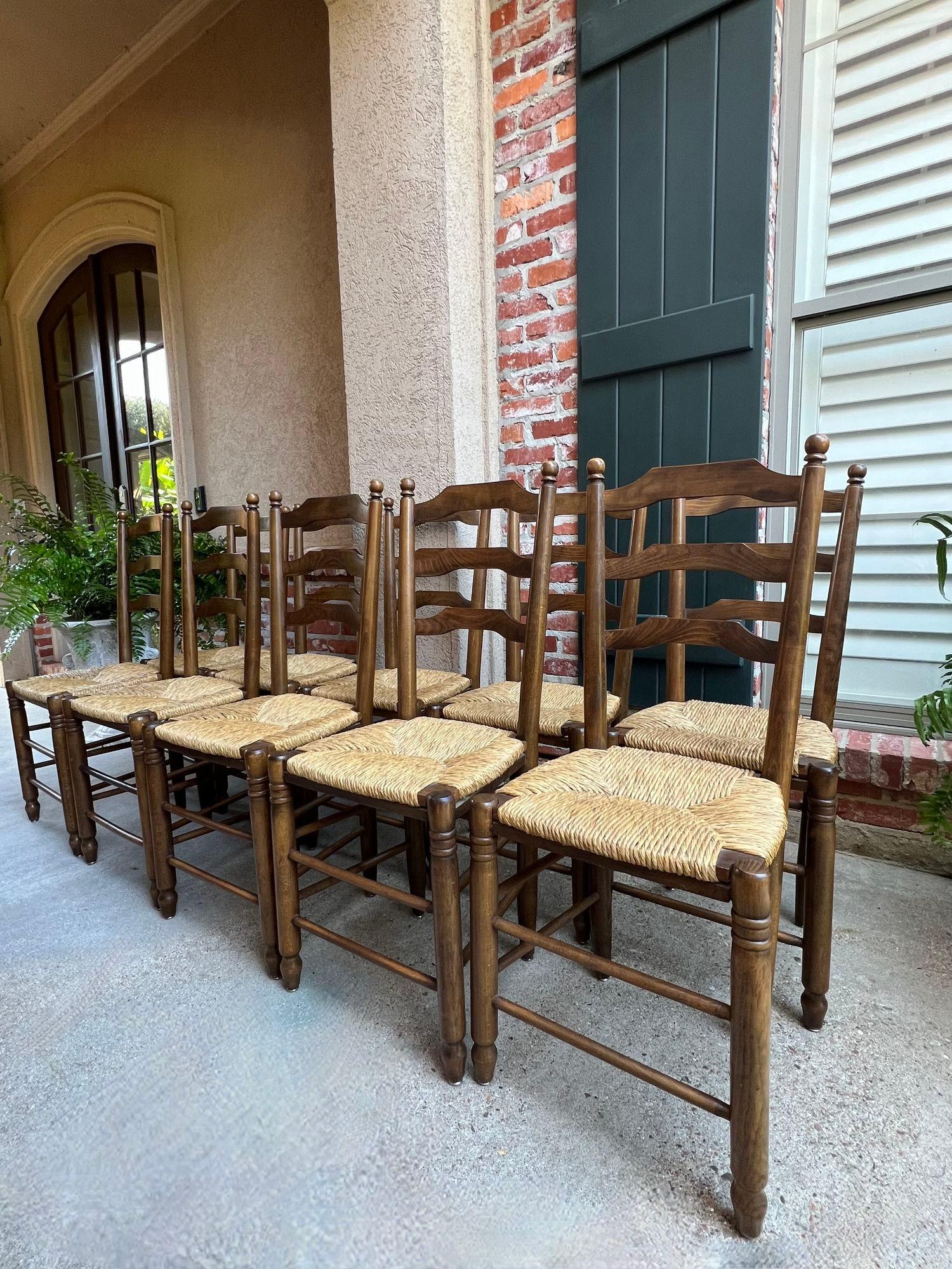 French Provincial Set 10 Antique French Ladder Back Oak Dining Chairs Rush Seat Vintage Country