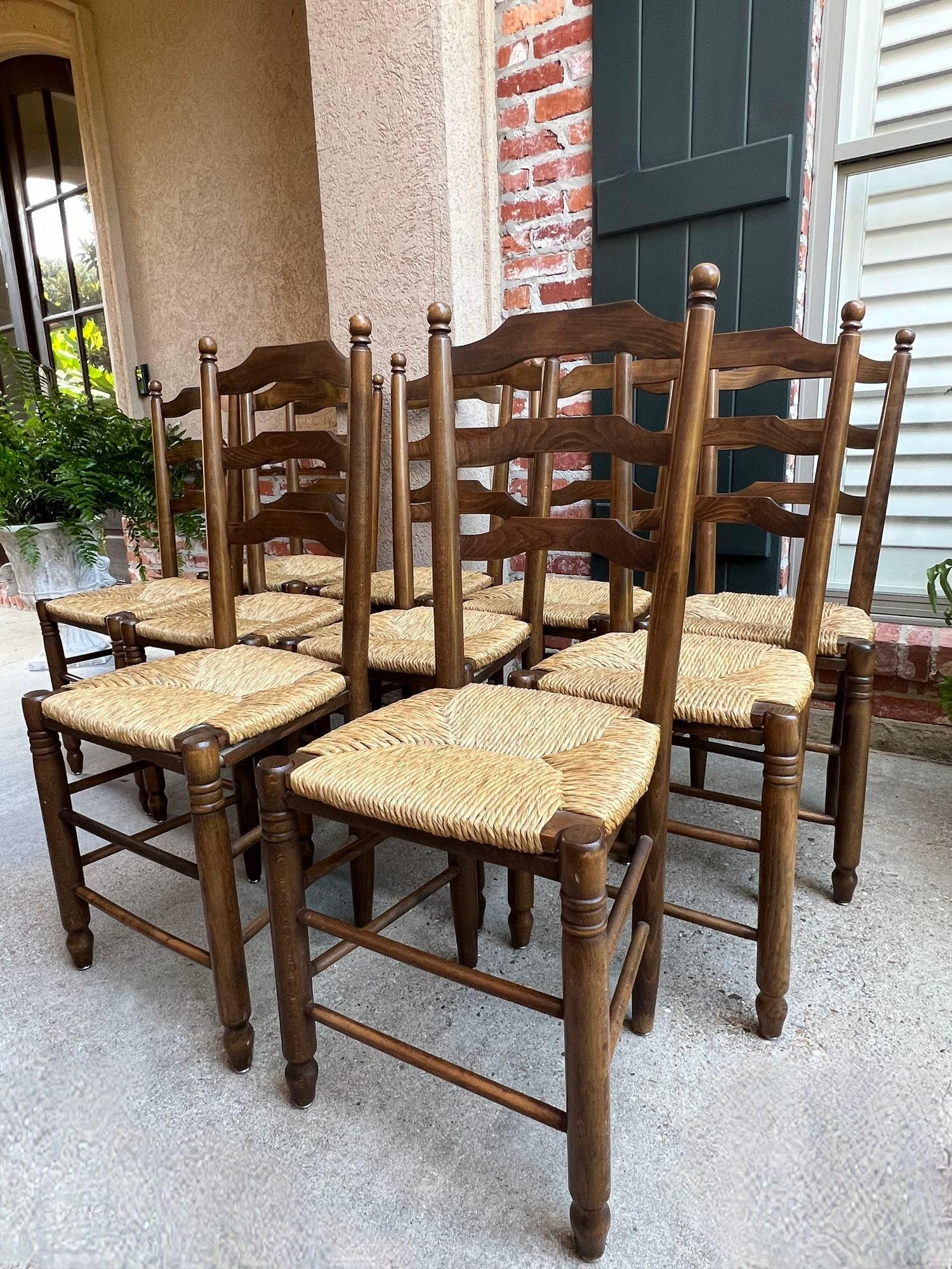 Turned Set 10 Antique French Ladder Back Oak Dining Chairs Rush Seat Vintage Country