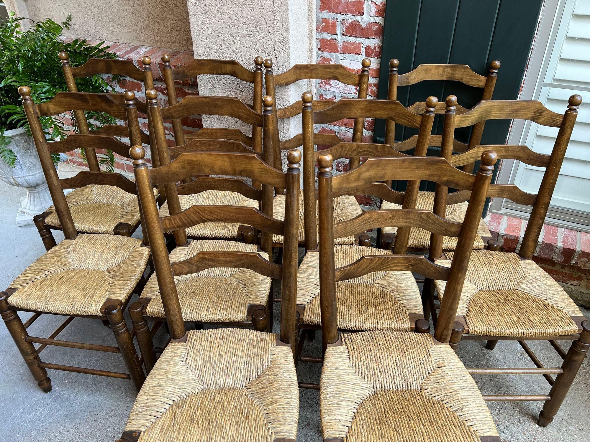 Set 10 Antique French Ladder Back Oak Dining Chairs Rush Seat Vintage Country In Good Condition In Shreveport, LA