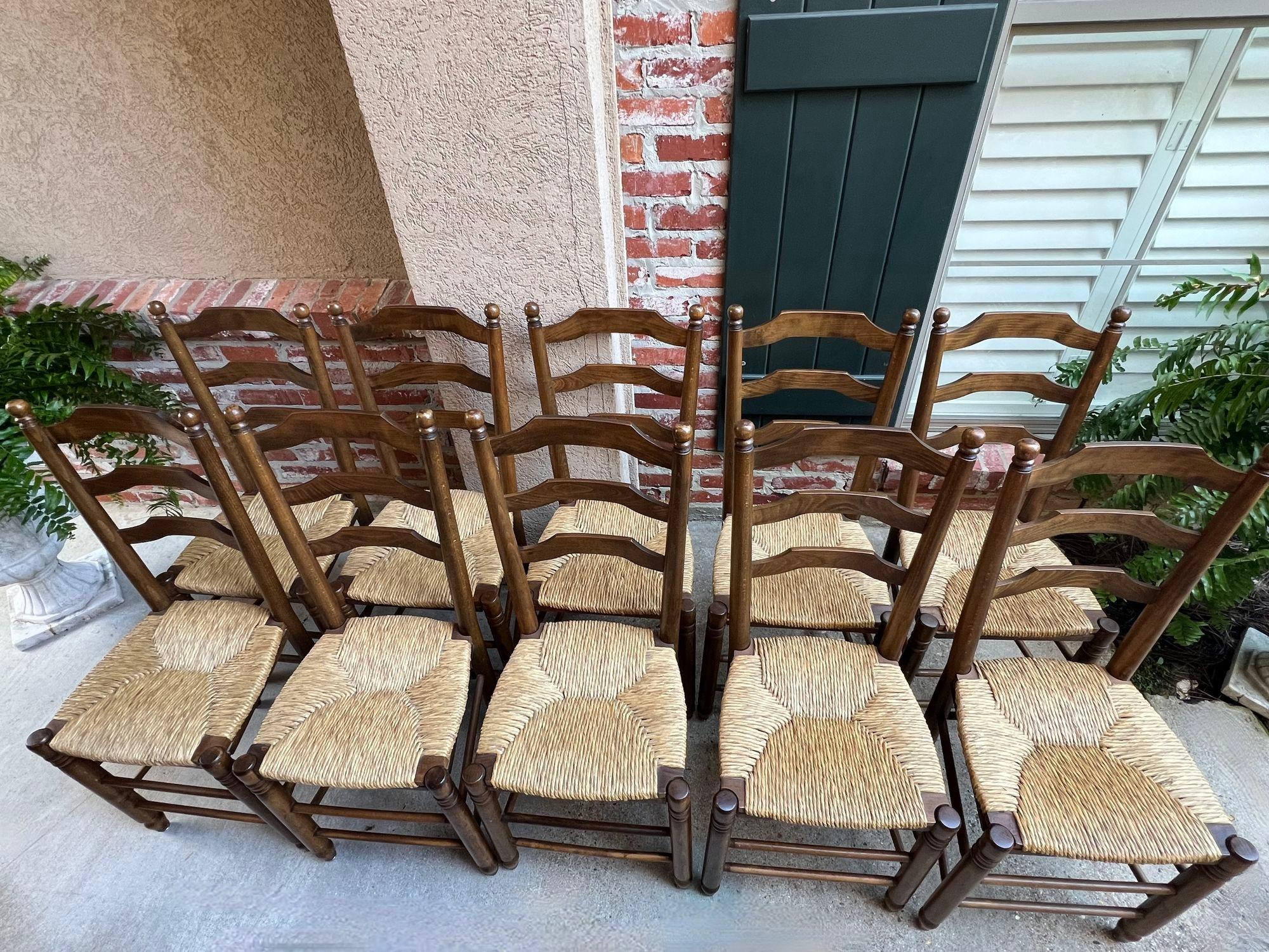 20th Century Set 10 Antique French Ladder Back Oak Dining Chairs Rush Seat Vintage Country