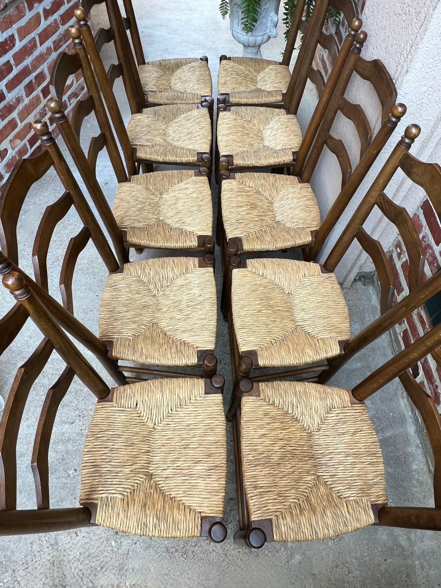 Set 10 Antique French Ladder Back Oak Dining Chairs Rush Seat Vintage Country 1