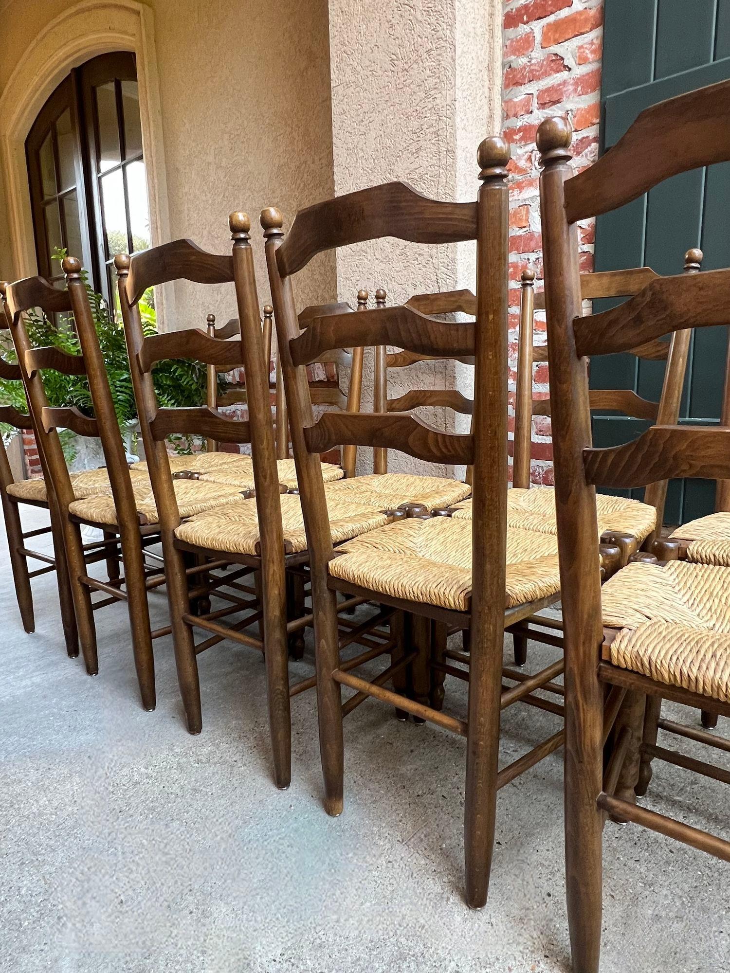Set 10 Antique French Ladder Back Oak Dining Chairs Rush Seat Vintage Country 2