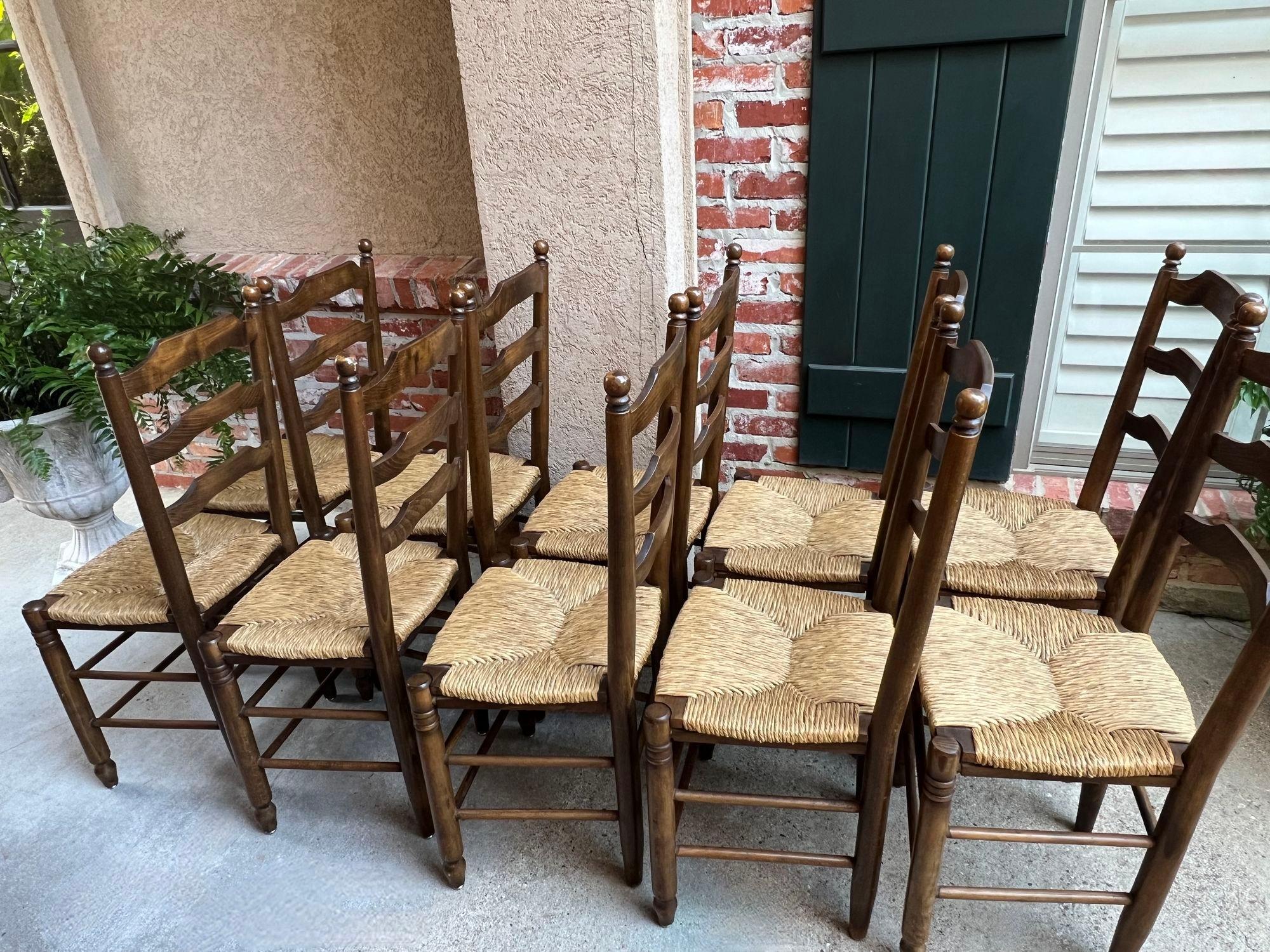 Set 10 Antique French Ladder Back Oak Dining Chairs Rush Seat Vintage Country 3