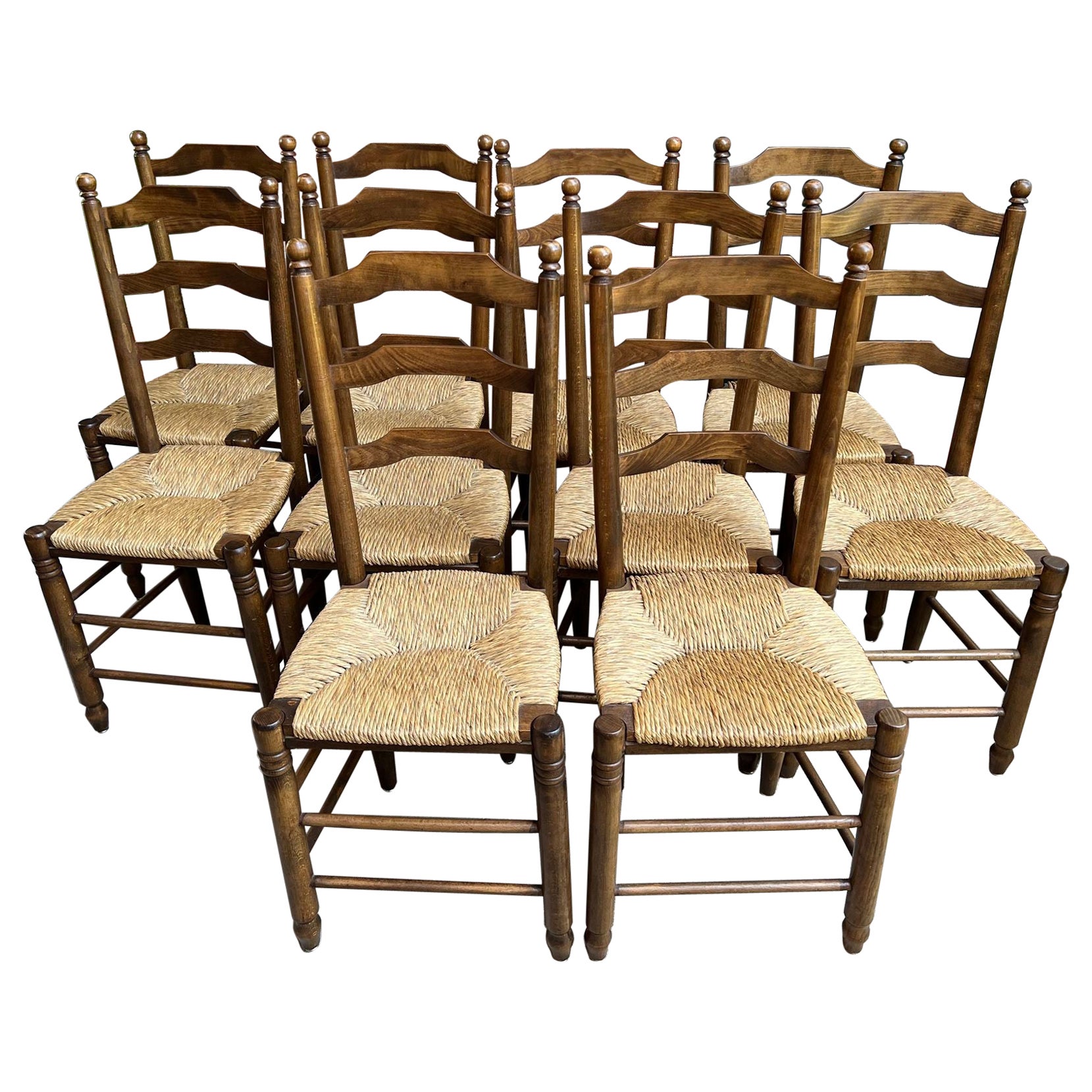 Set 10 Antique French Ladder Back Oak Dining Chairs Rush Seat Vintage Country