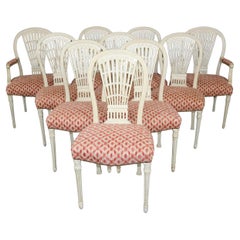 Set di 10 sedie da pranzo con schienale a palloncino Maison Jansen Attribuite con vernice bianca antica