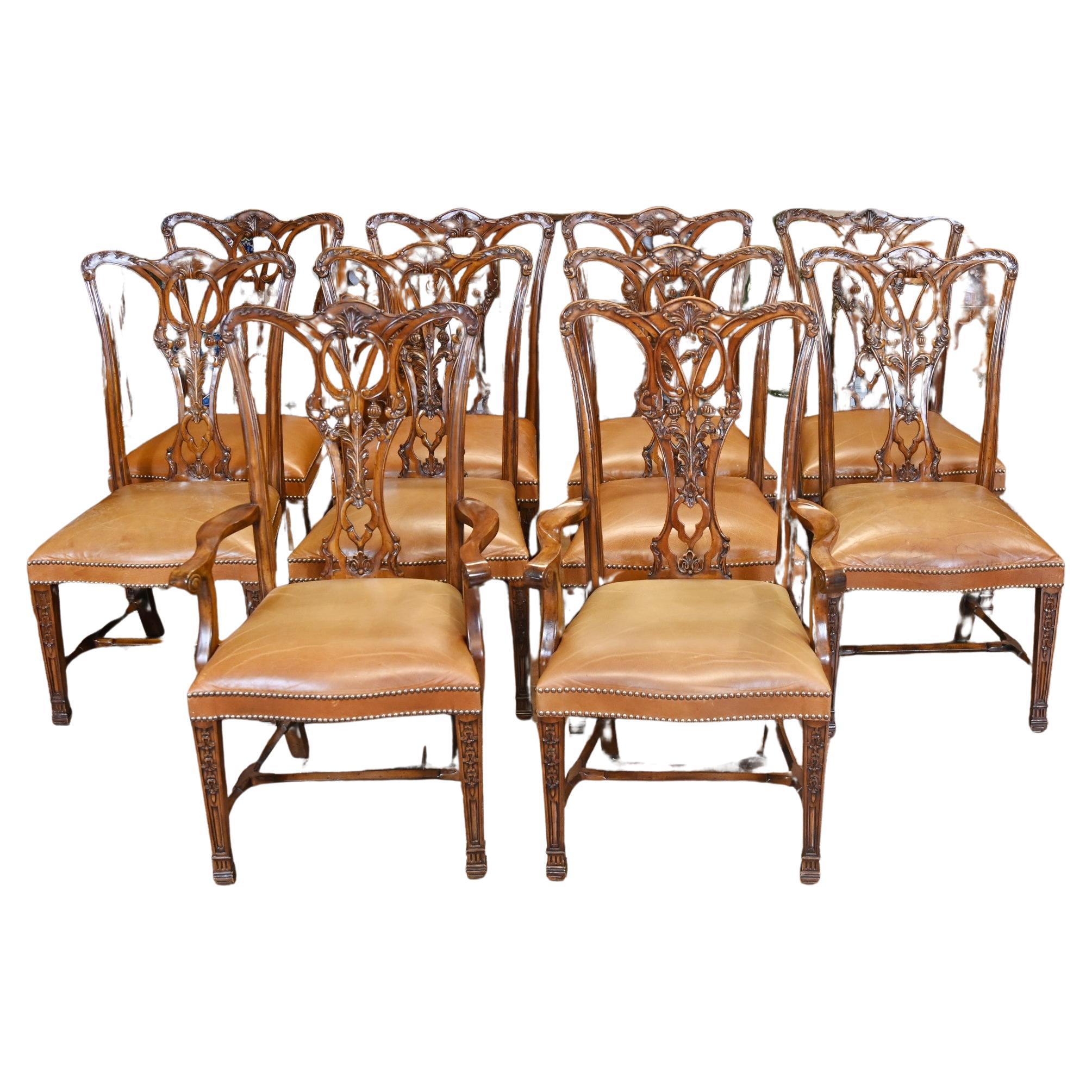 Set 10 Chippendale Dining Chairs Carved Walnut